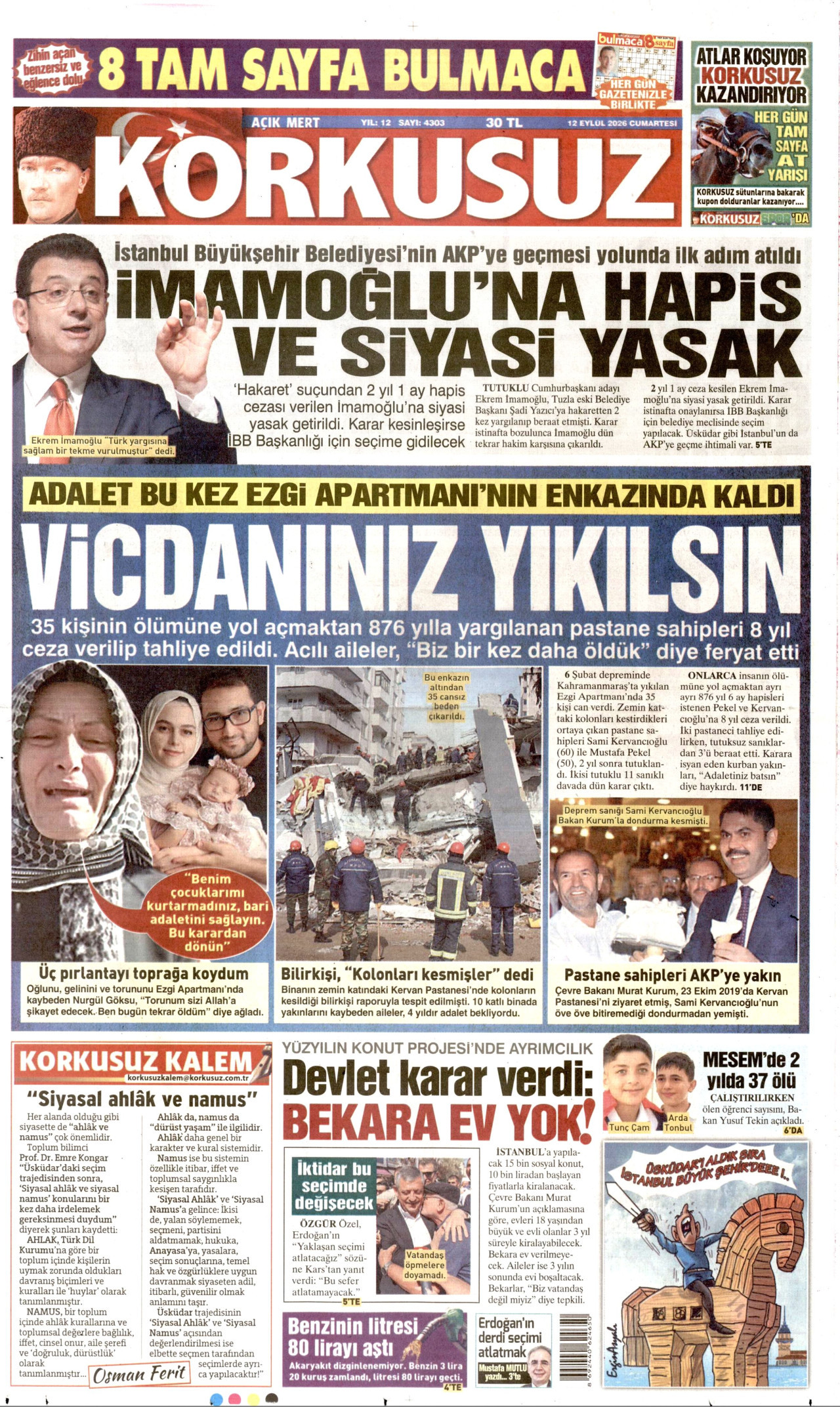 KORKUSUZ gazetesinin 12 Eylül 2026 tarihli birinci sayfası