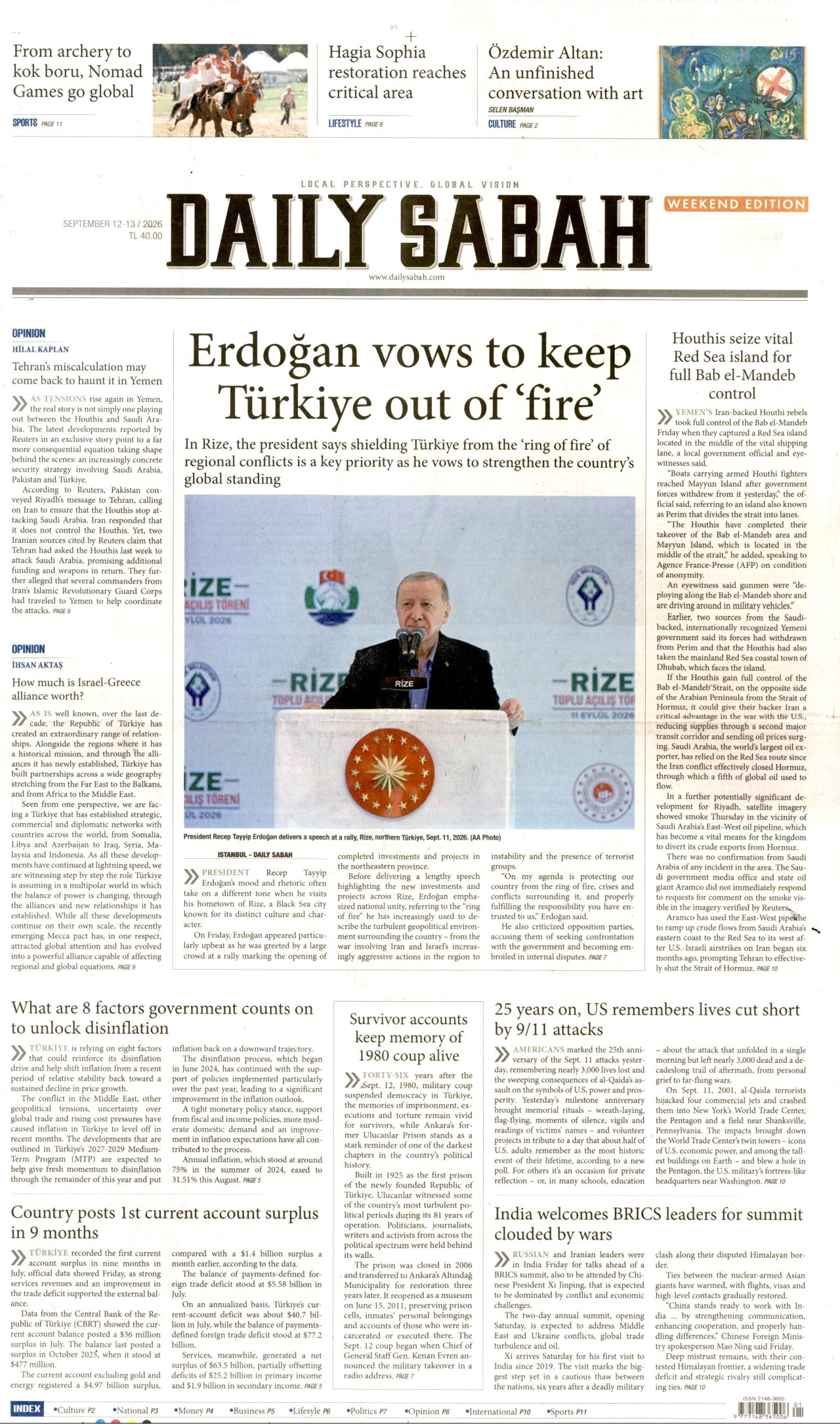 DAİLY SABAH gazetesinin 12 Eylül 2026 tarihli birinci sayfası