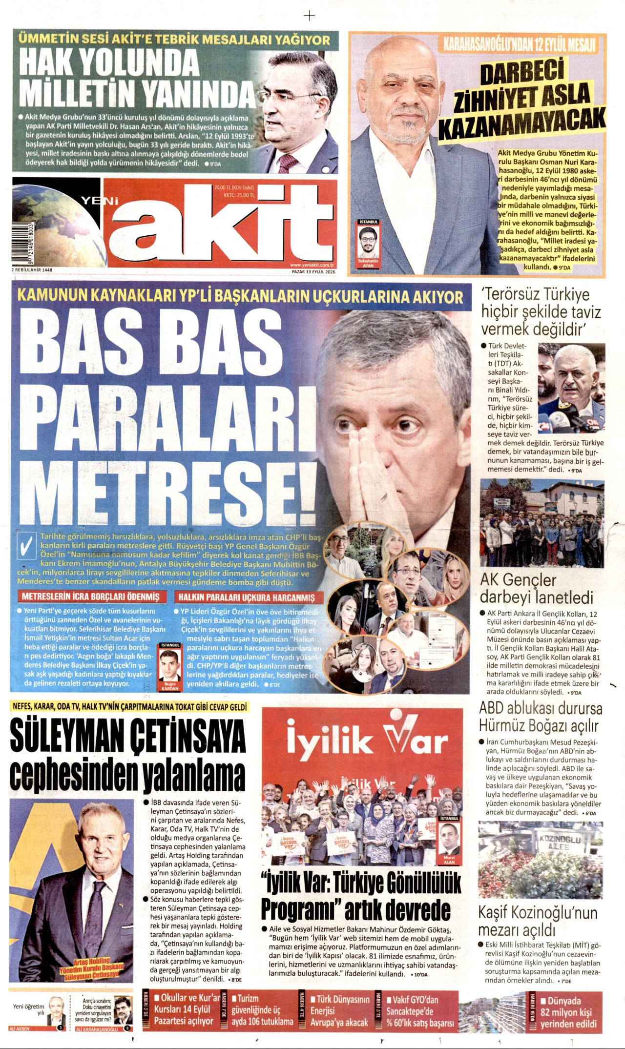 YENİ AKİT gazetesinin 13 Eylül 2026 tarihli birinci sayfası
