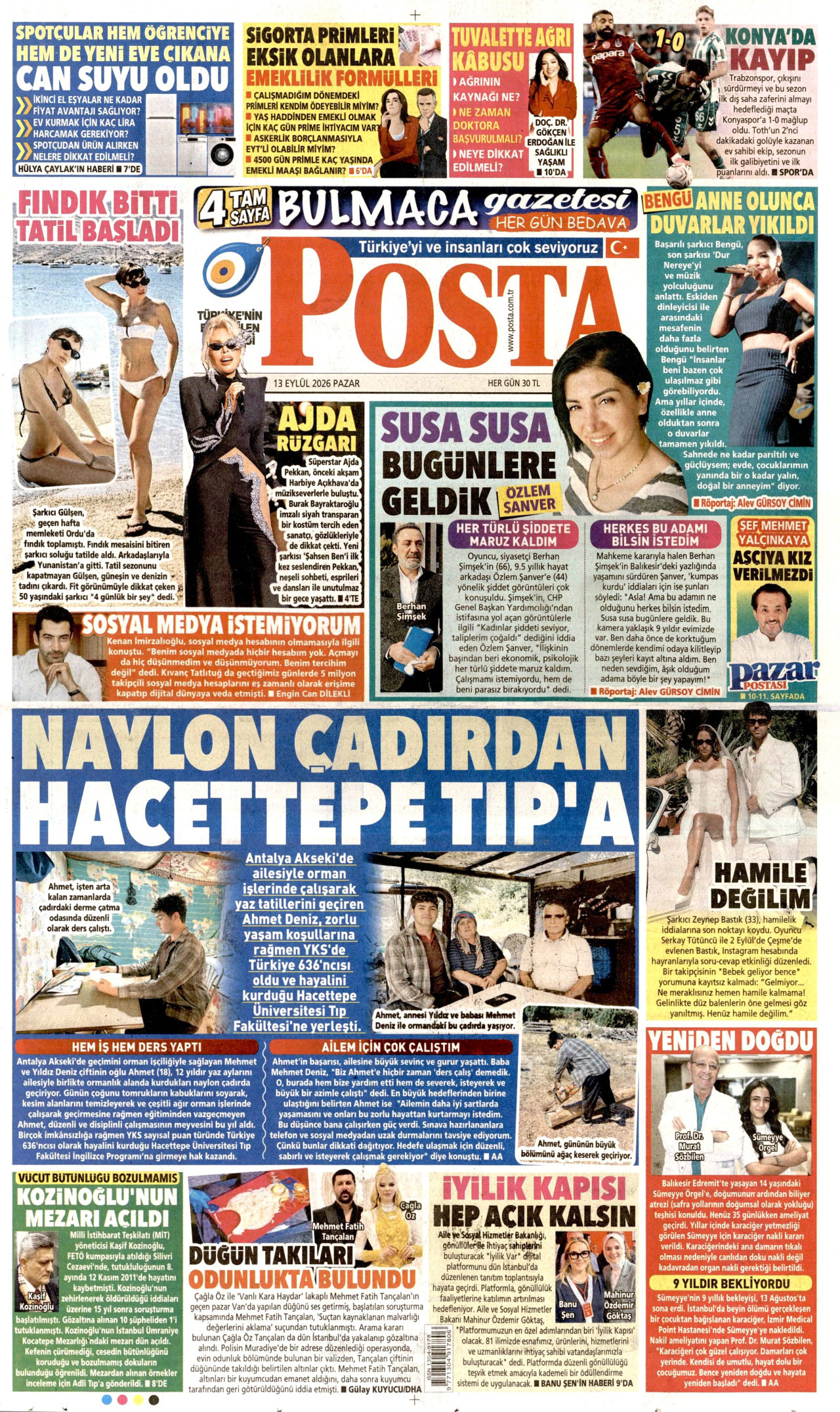 POSTA gazetesinin 13 Eylül 2026 tarihli birinci sayfası