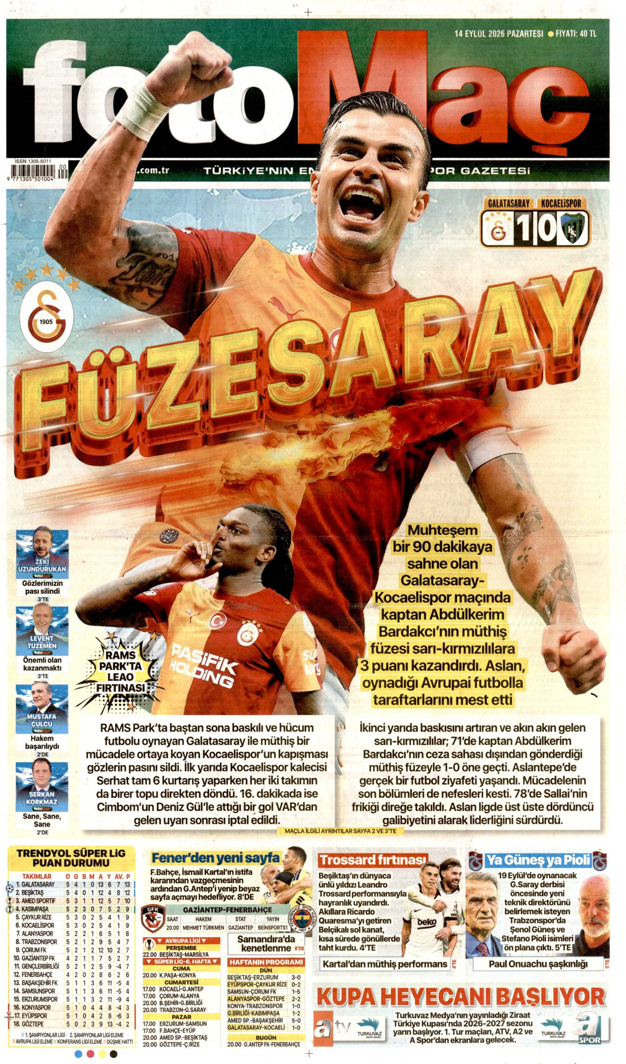 FOTOMAÇ 14 Eylül 2026 Gazete Manşeti Büyük