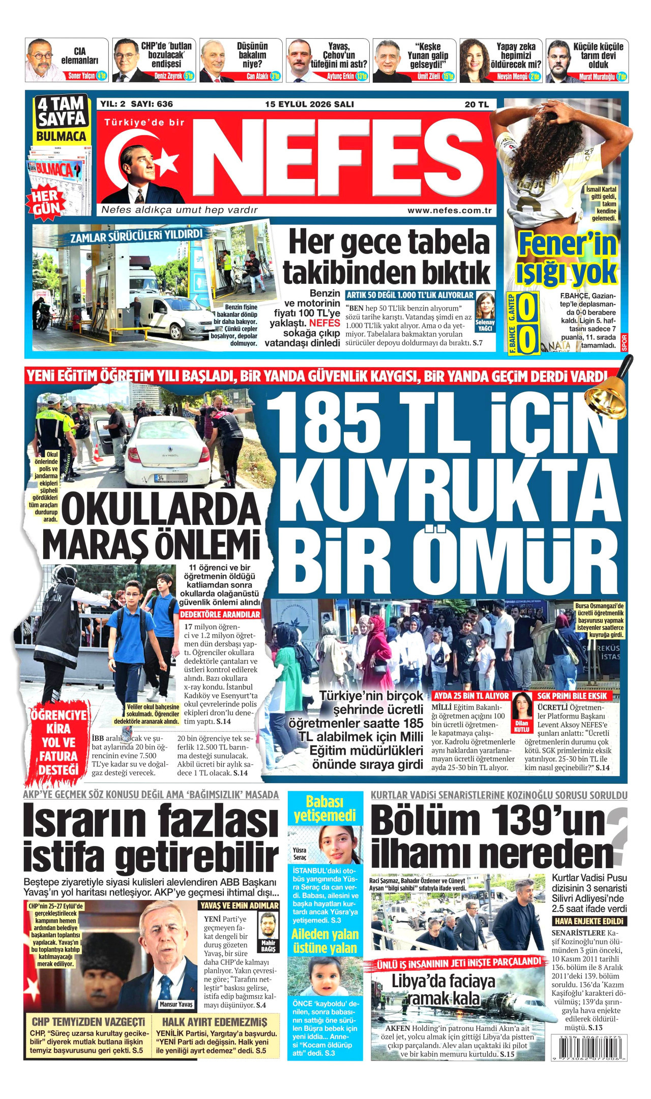 NEFES gazetesinin 15 Eylül 2026 tarihli birinci sayfası