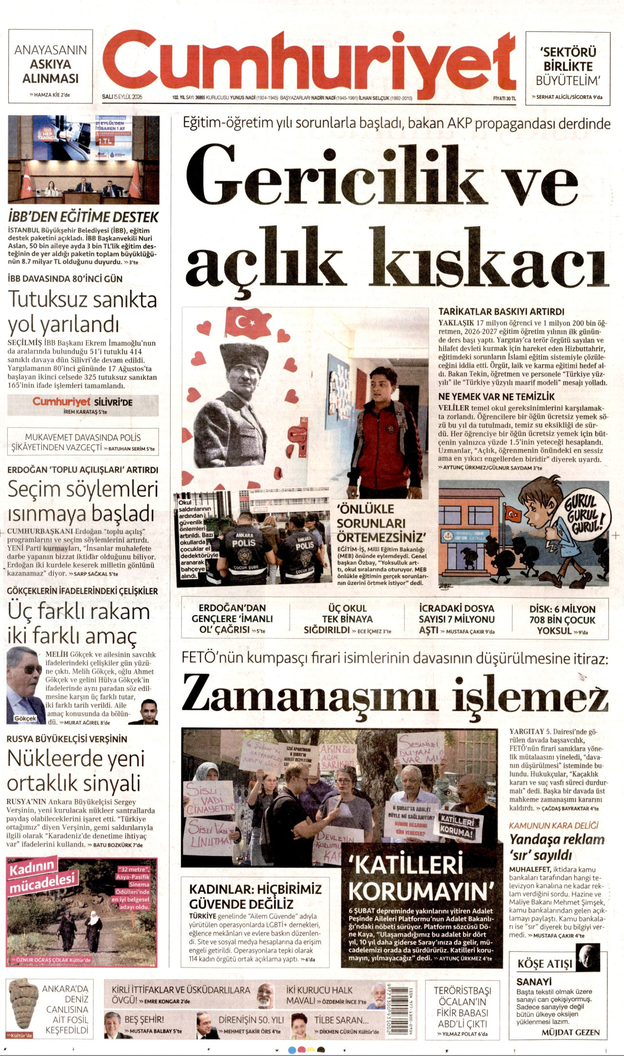 CUMHURİYET gazetesinin 15 Eylül 2026 tarihli birinci sayfası