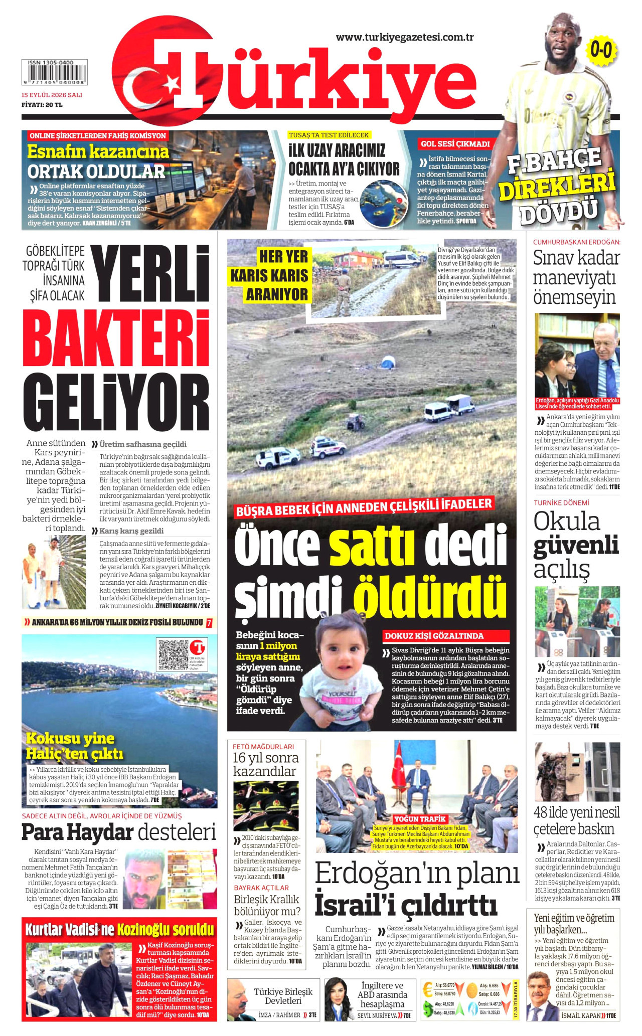TÜRKİYE GAZETESİ gazetesinin 15 Eylül 2026 tarihli birinci sayfası