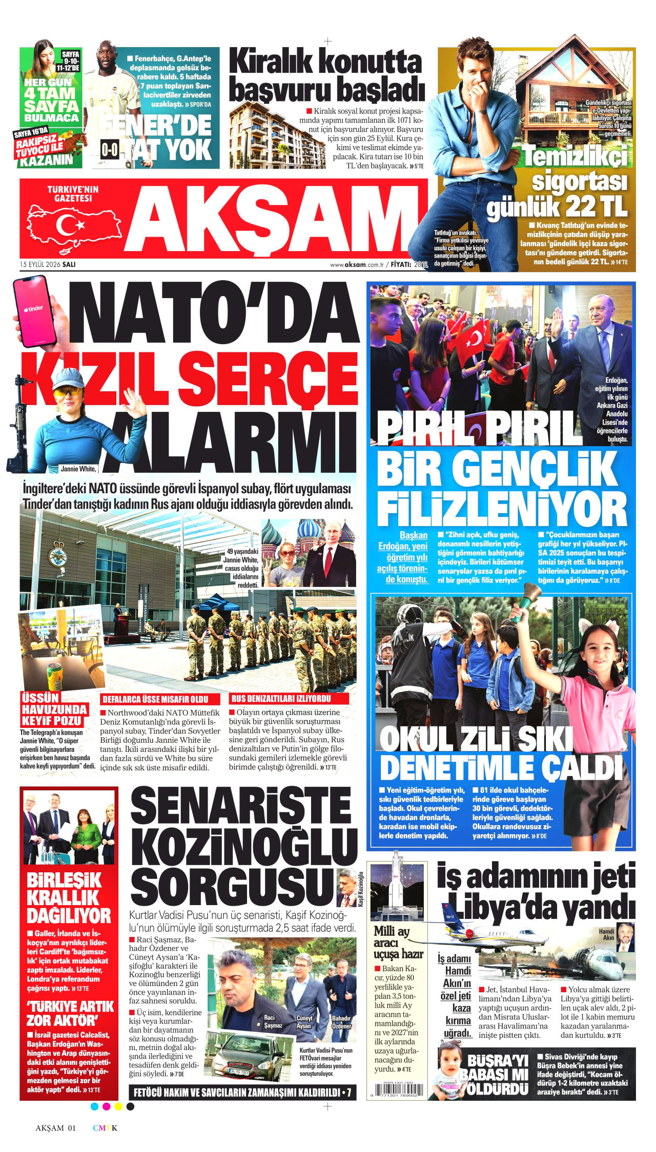 AKŞAM gazetesinin 15 Eylül 2026 tarihli birinci sayfası