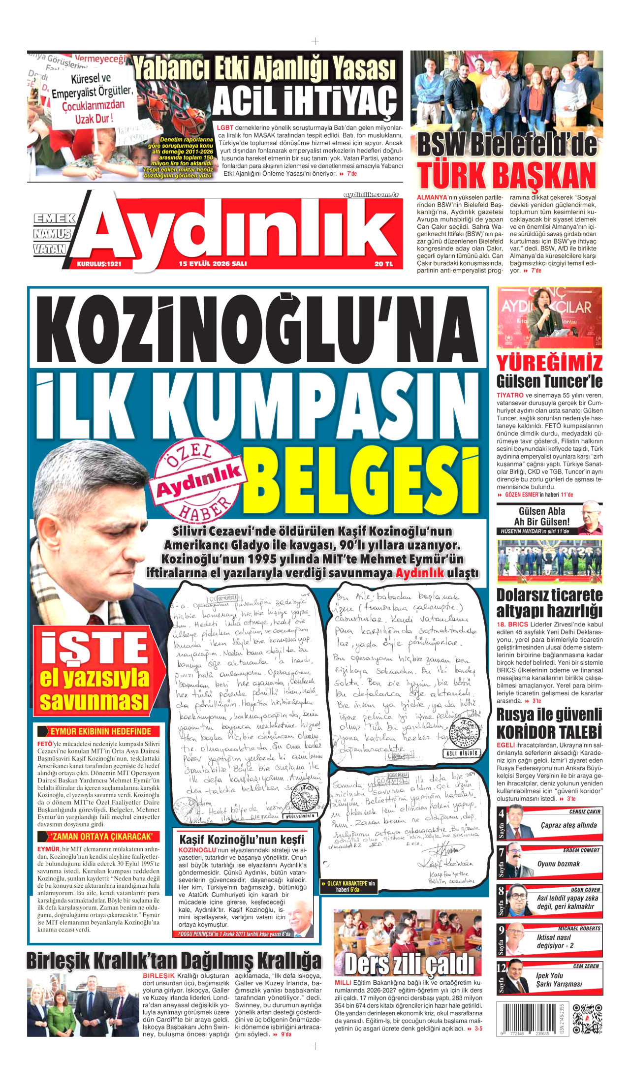 AYDINLIK GAZETESİ gazetesinin 15 Eylül 2026 tarihli birinci sayfası