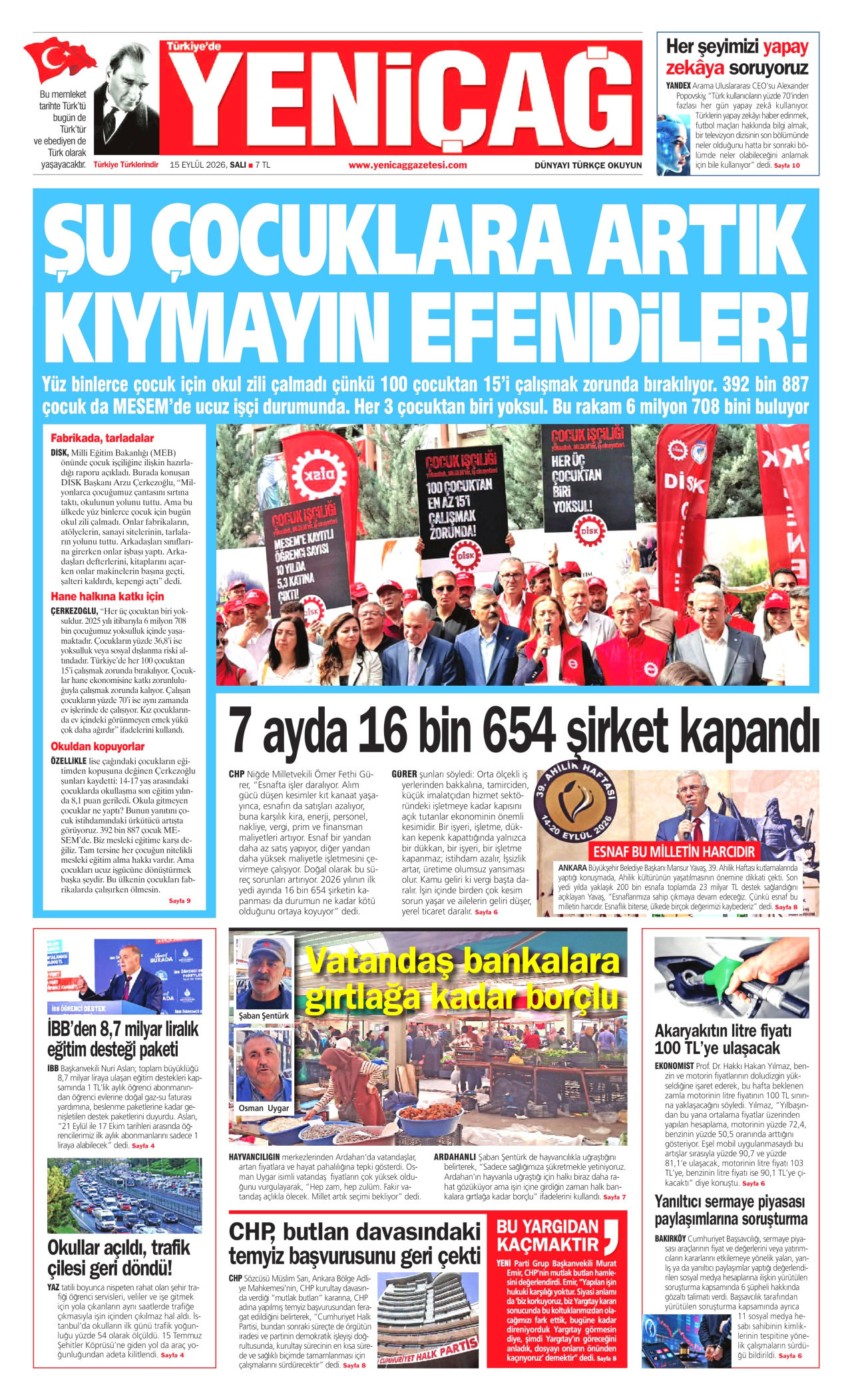 YENİÇAĞ gazetesinin 15 Eylül 2026 tarihli birinci sayfası