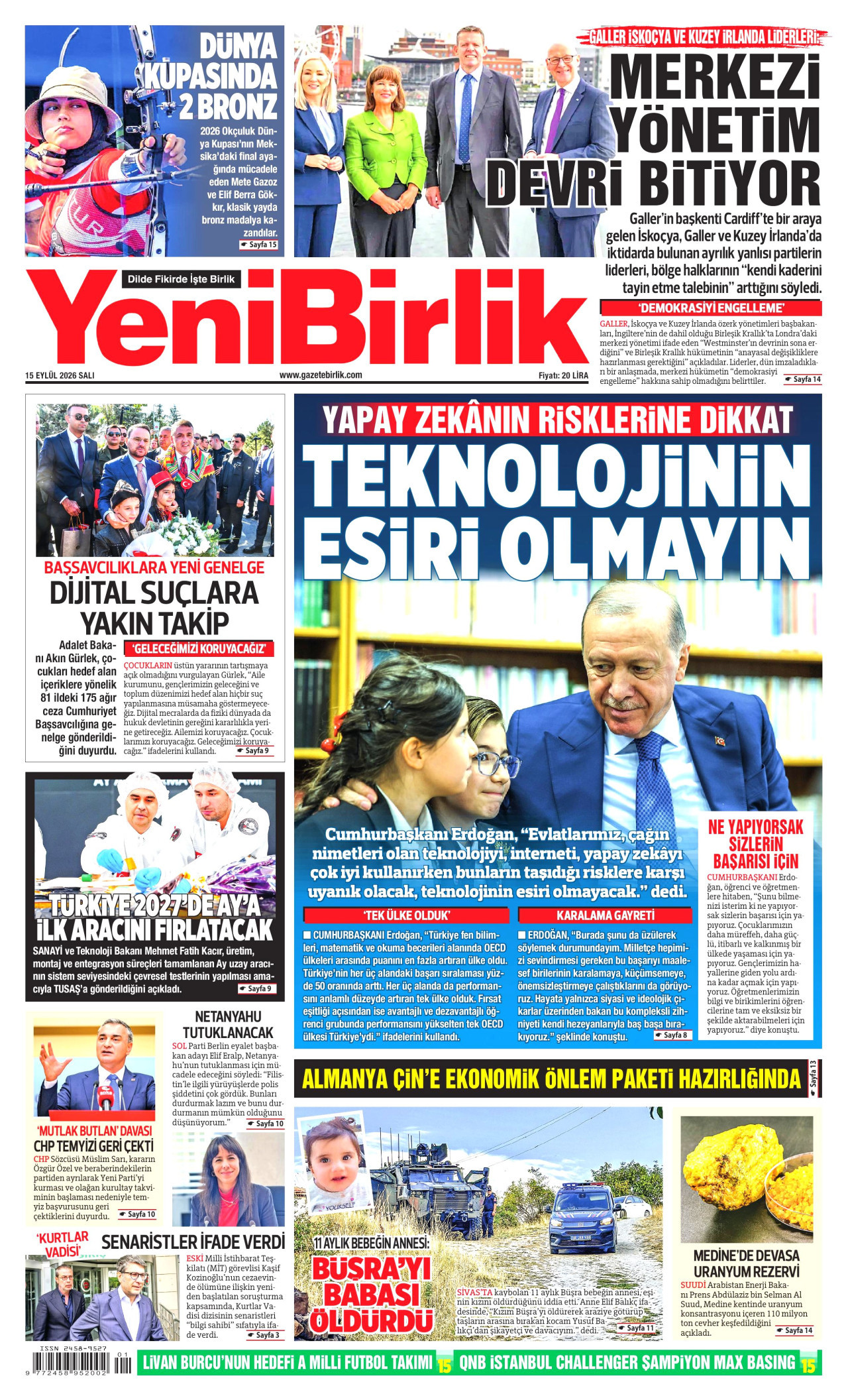 YENİBİRLİK gazetesinin 15 Eylül 2026 tarihli birinci sayfası