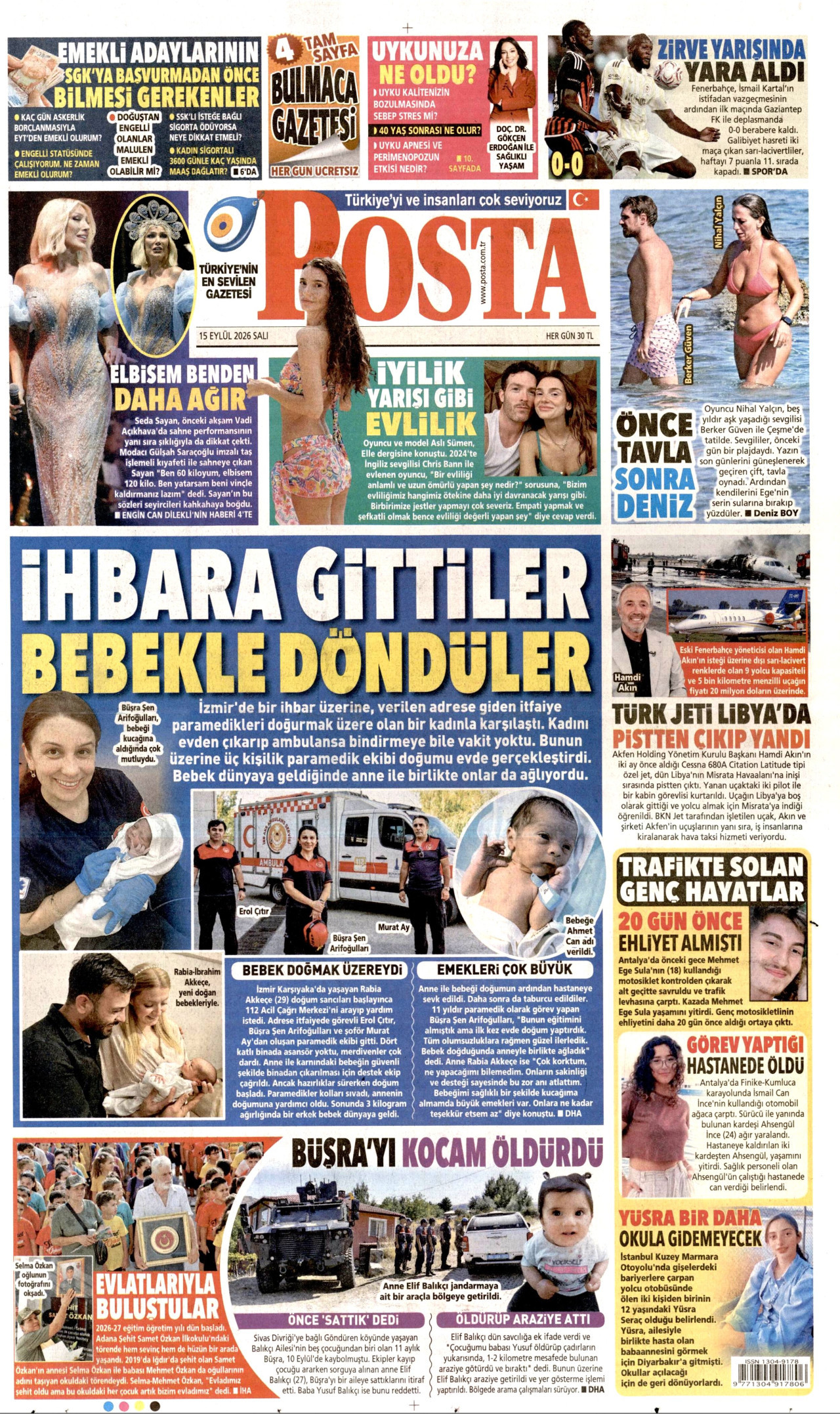 POSTA gazetesinin 15 Eylül 2026 tarihli birinci sayfası