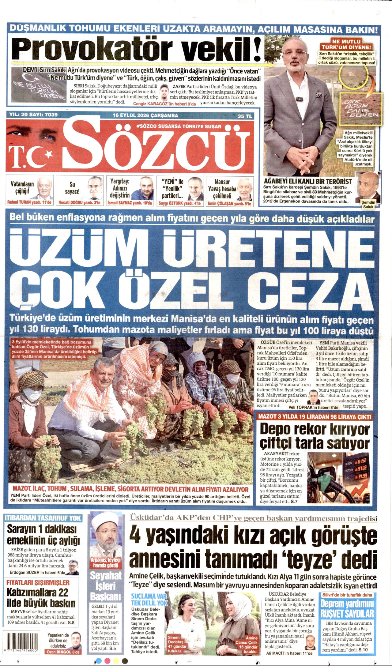 SÖZCÜ gazetesinin 16 Eylül 2026 tarihli birinci sayfası