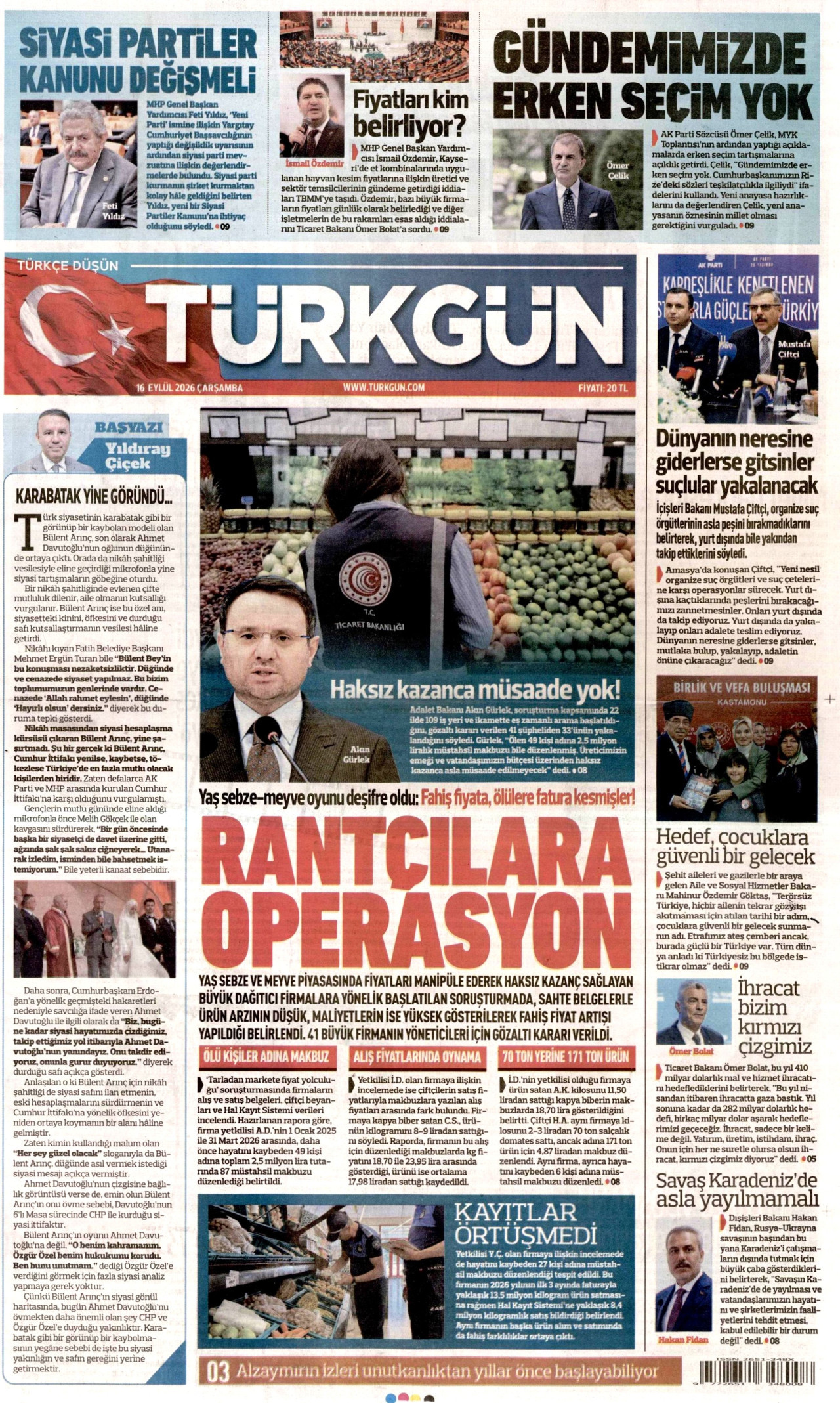 TÜRKGÜN gazetesinin 16 Eylül 2026 tarihli birinci sayfası