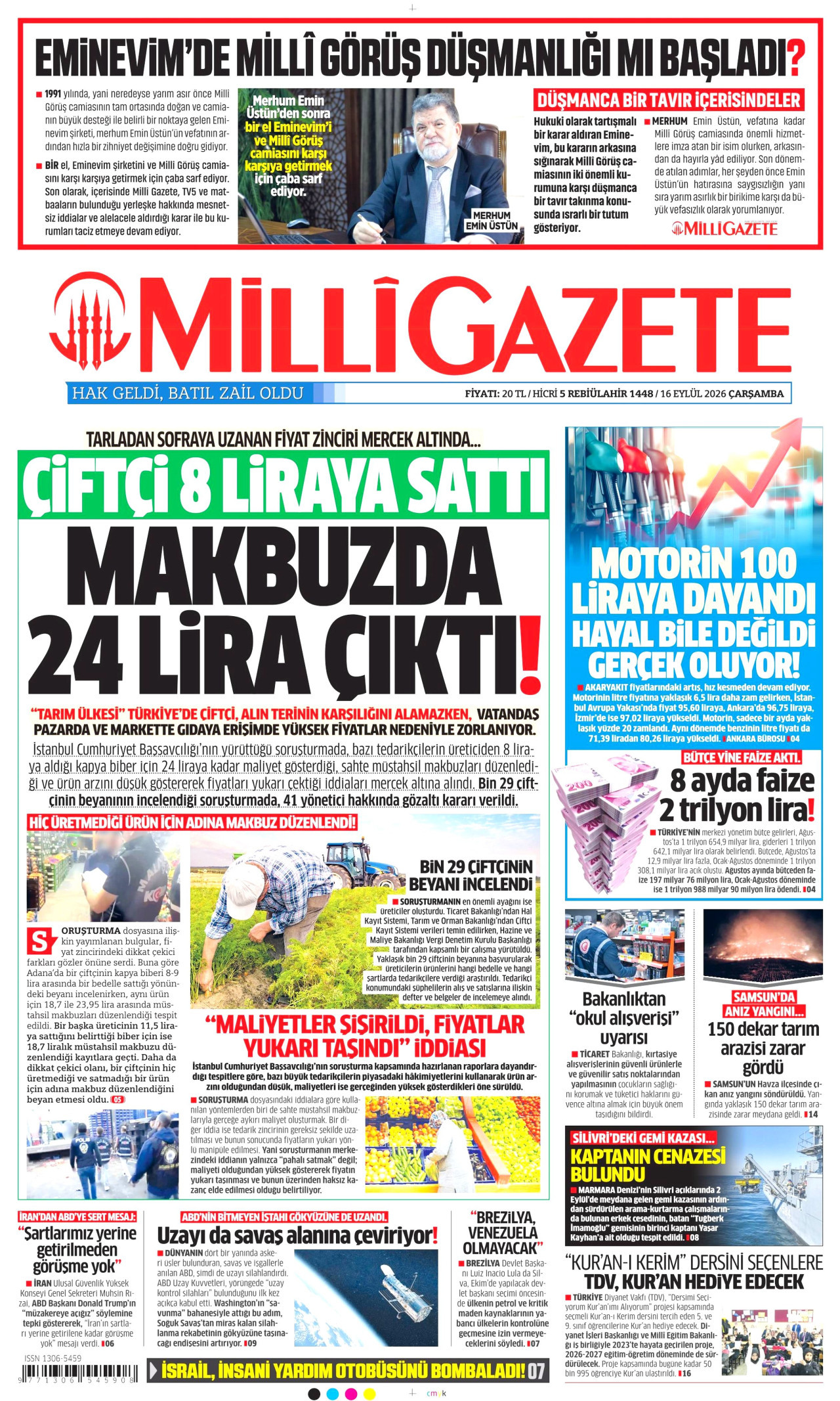 MİLLİ GAZETE gazetesinin 16 Eylül 2026 tarihli birinci sayfası