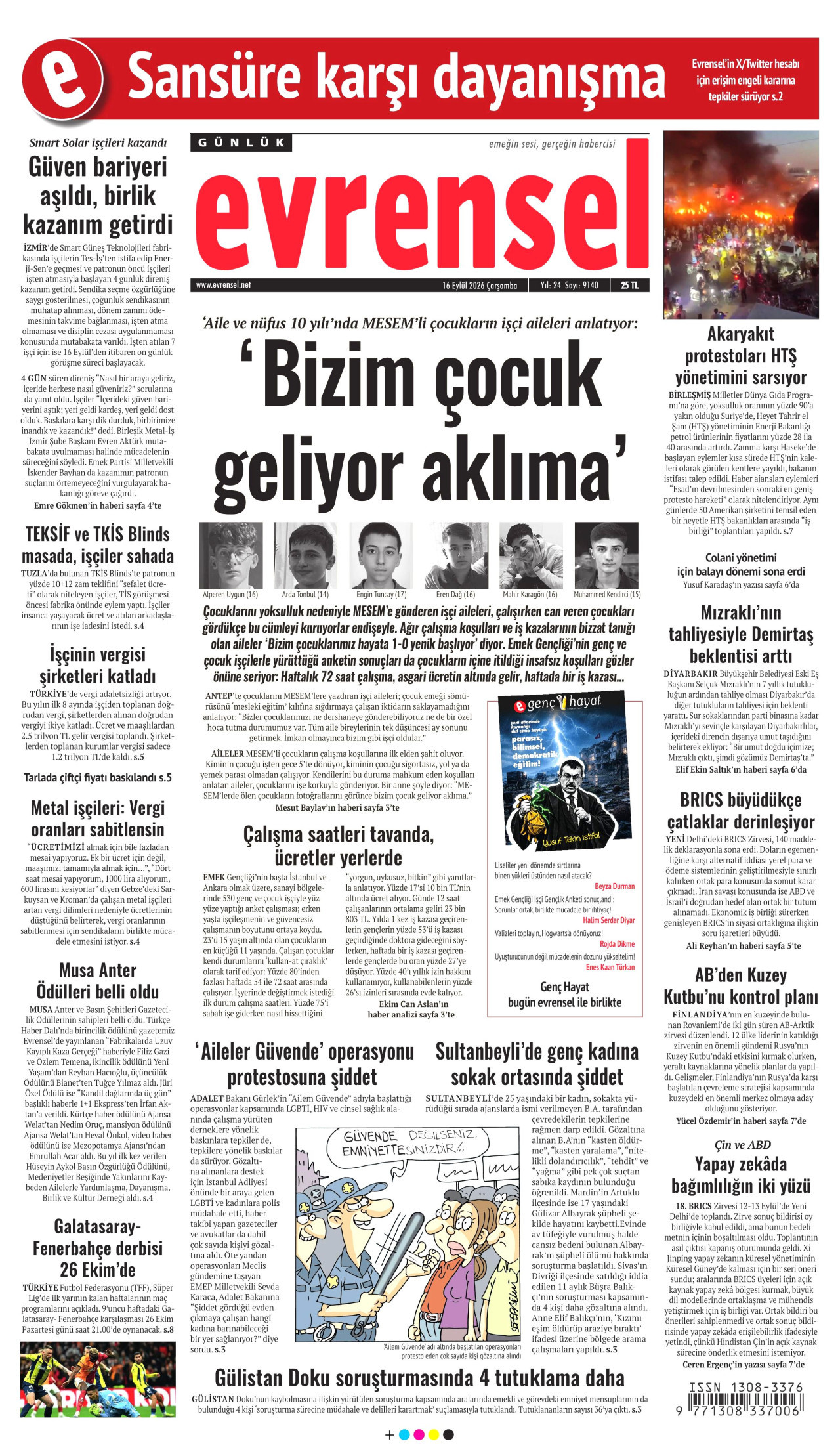 EVRENSEL gazetesinin 16 Eylül 2026 tarihli birinci sayfası