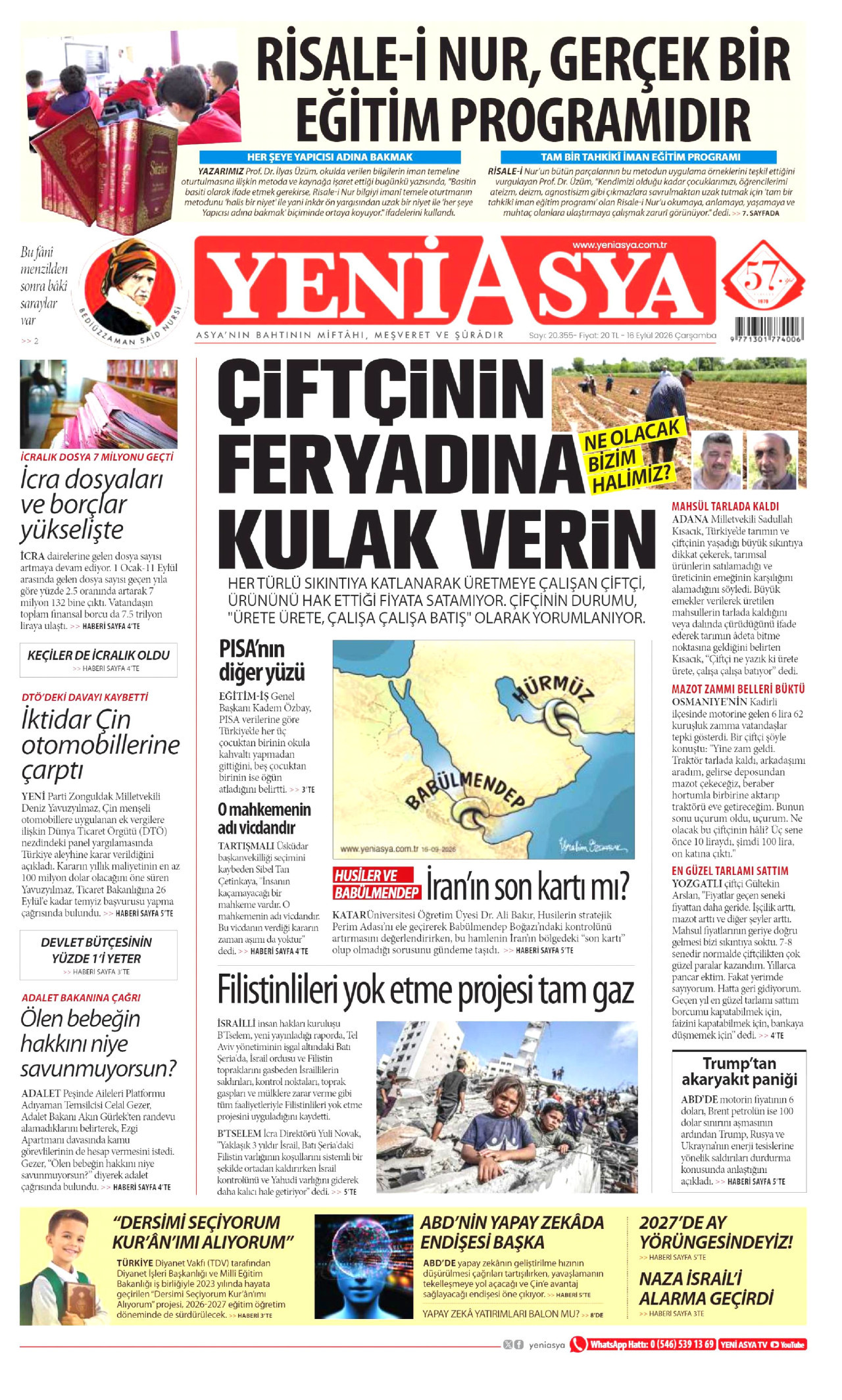 YENİ ASYA gazetesinin 16 Eylül 2026 tarihli birinci sayfası