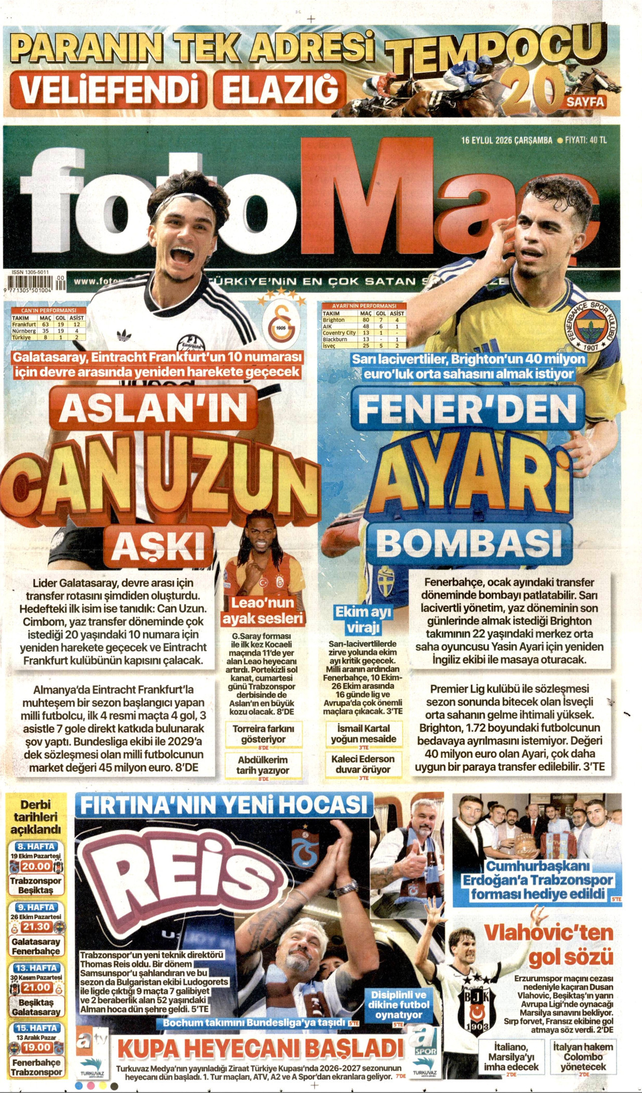 FOTOMAÇ gazetesinin 16 Eylül 2026 tarihli birinci sayfası