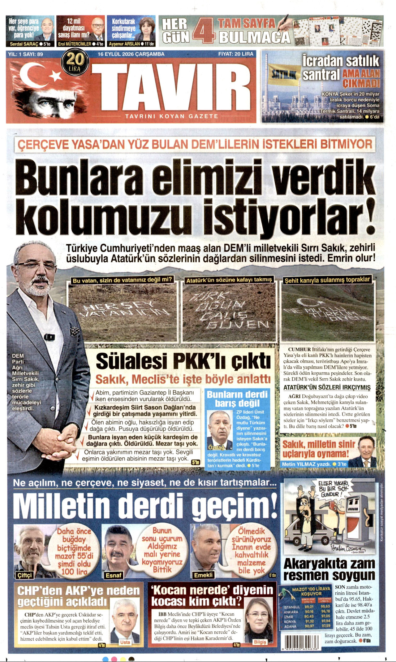 TAVIR GAZETESİ gazetesinin 16 Eylül 2026 tarihli birinci sayfası