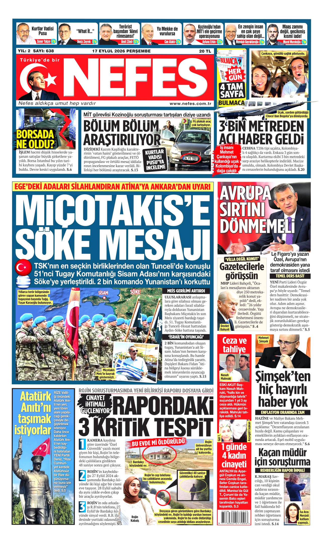 NEFES gazetesinin 17 Eylül 2026 tarihli birinci sayfası