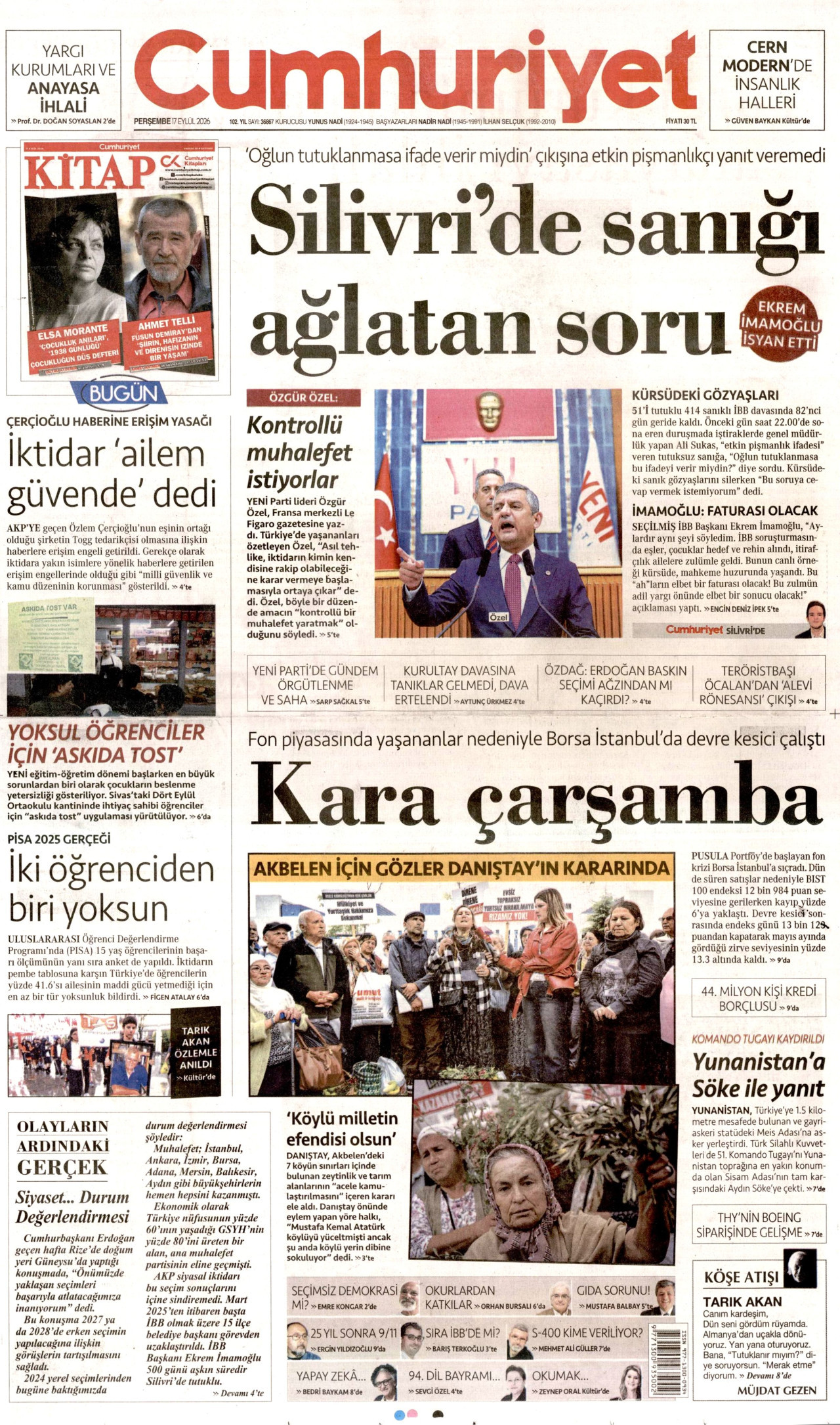 CUMHURİYET gazetesinin 17 Eylül 2026 tarihli birinci sayfası