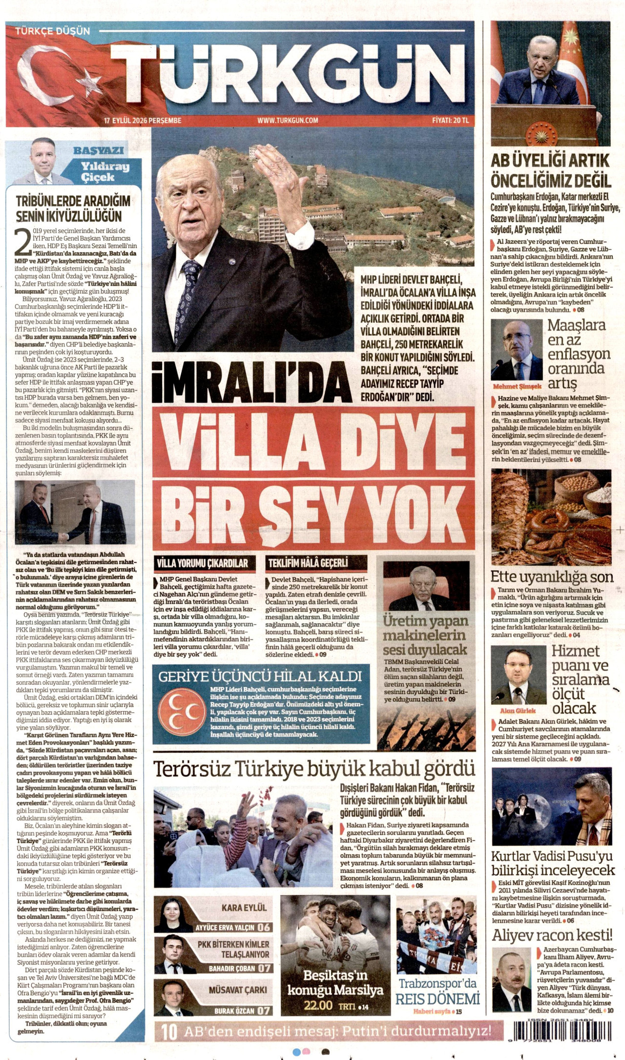TÜRKGÜN gazetesinin 17 Eylül 2026 tarihli birinci sayfası