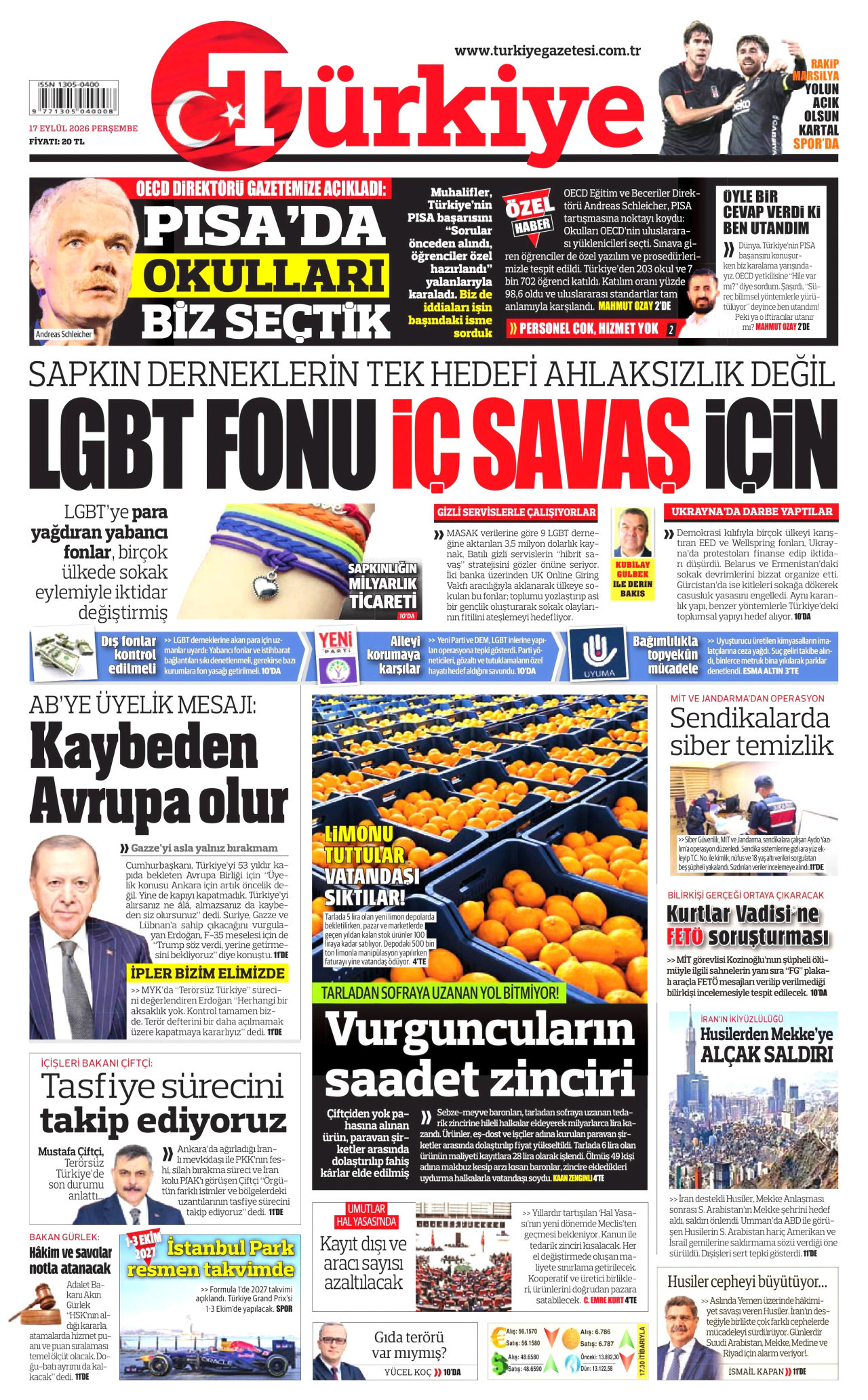 TÜRKİYE GAZETESİ gazetesinin 17 Eylül 2026 tarihli birinci sayfası