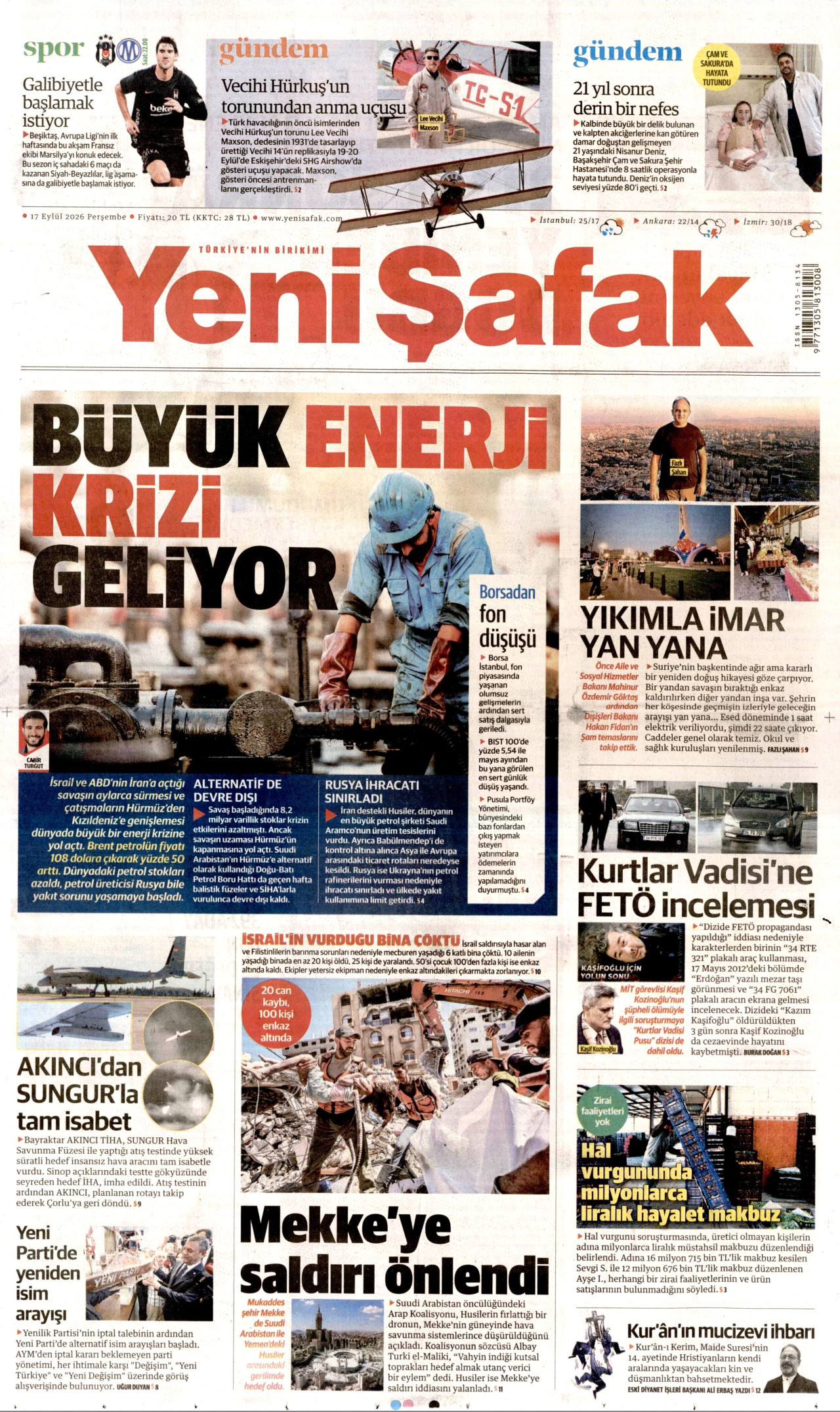 YENİ ŞAFAK gazetesinin 17 Eylül 2026 tarihli birinci sayfası