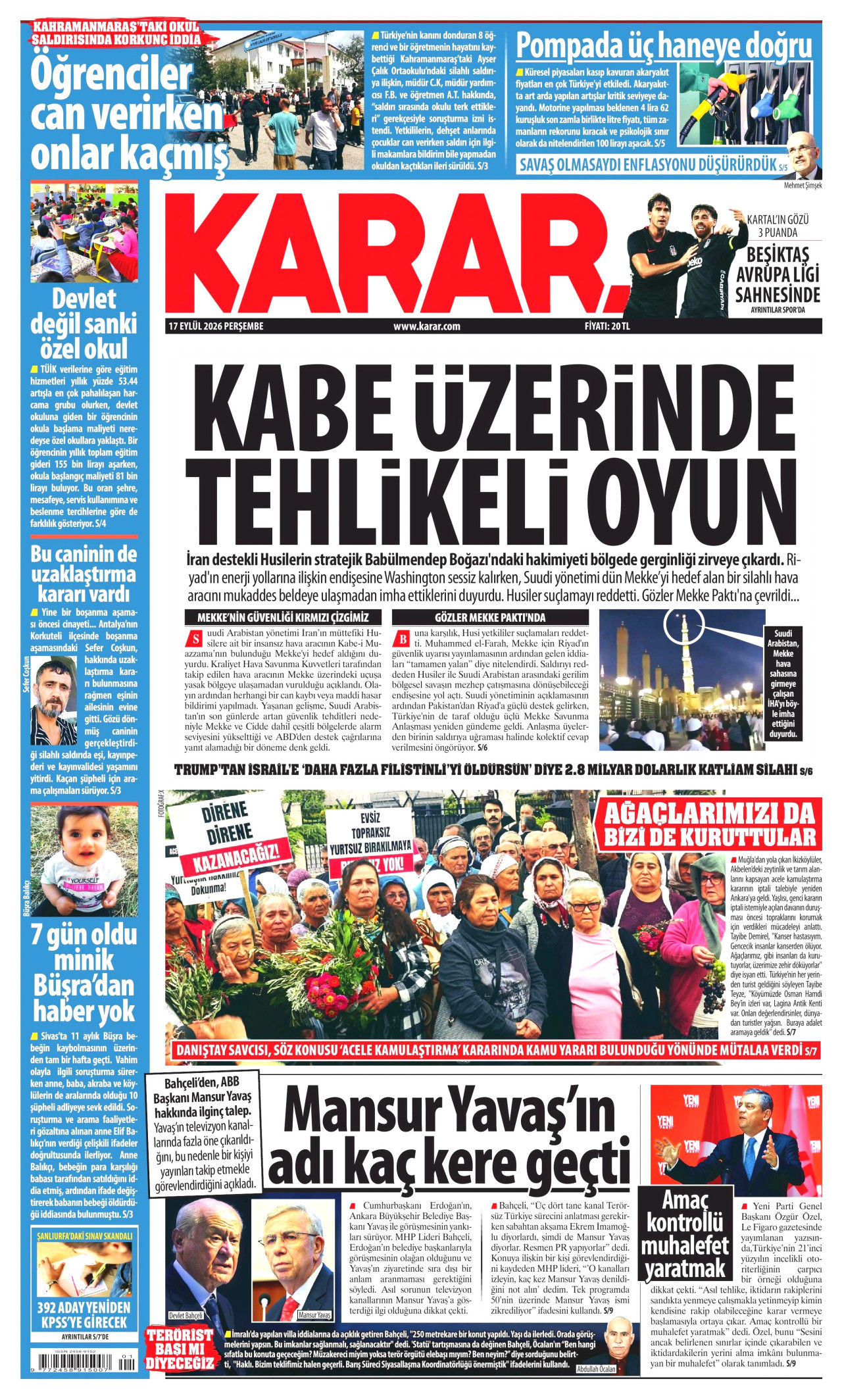 KARAR gazetesinin 17 Eylül 2026 tarihli birinci sayfası