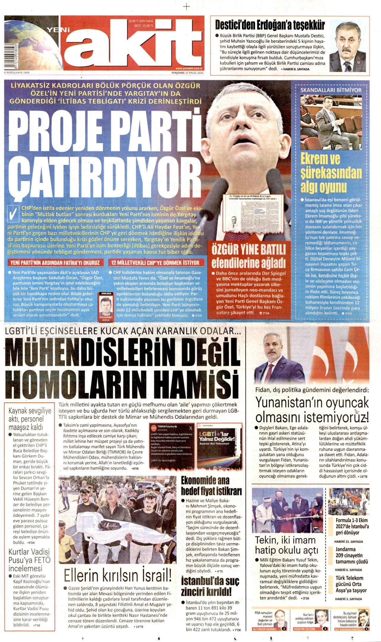 YENİ AKİT gazetesinin 17 Eylül 2026 tarihli birinci sayfası