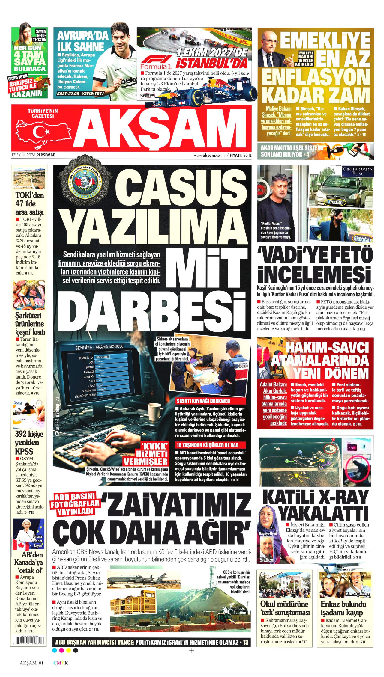 AKŞAM gazetesinin 17 Eylül 2026 tarihli birinci sayfası