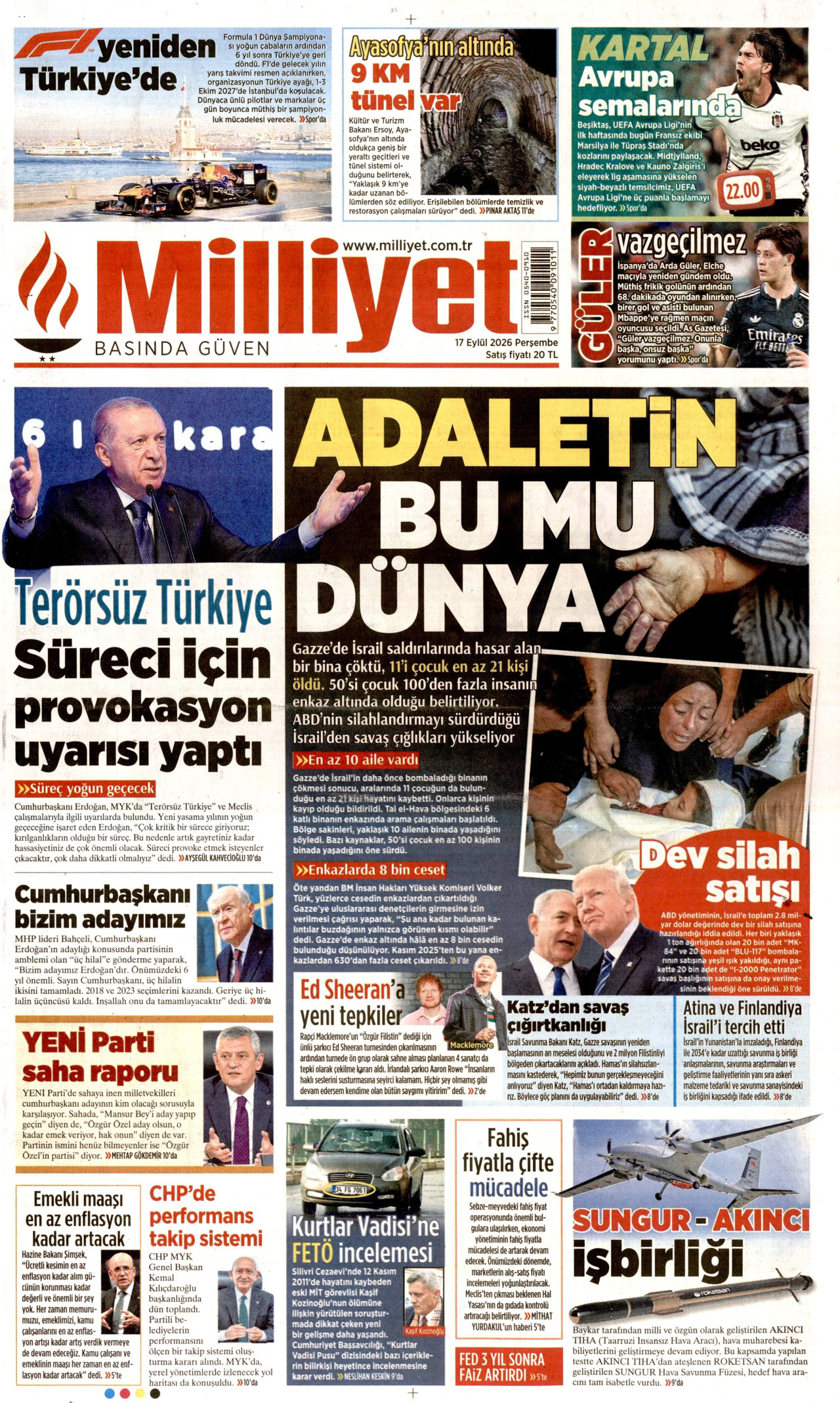 MİLLİYET gazetesinin 17 Eylül 2026 tarihli birinci sayfası