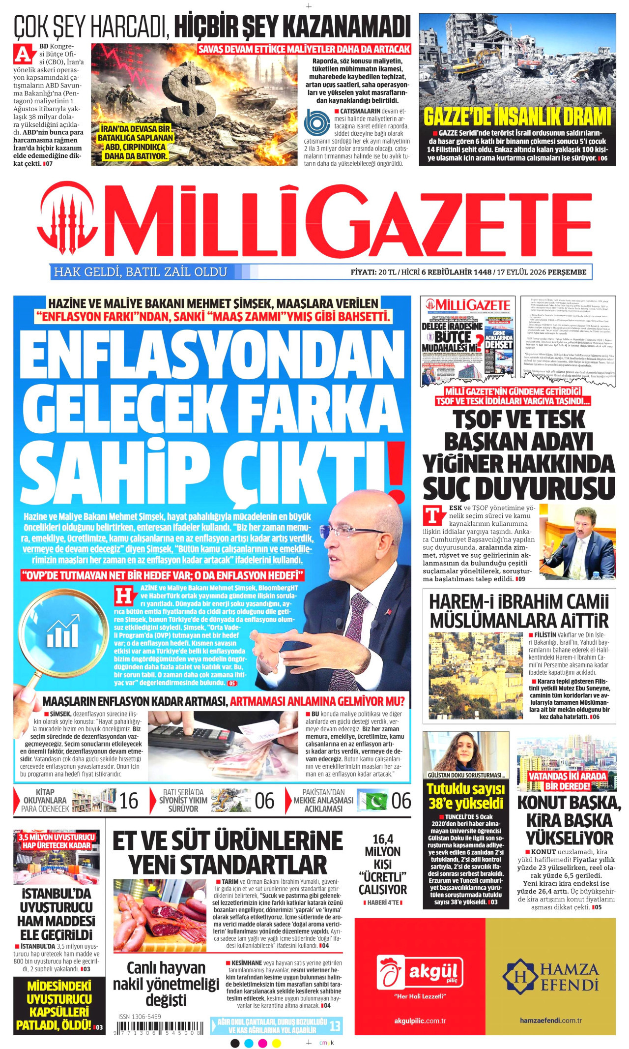 MİLLİ GAZETE gazetesinin 17 Eylül 2026 tarihli birinci sayfası