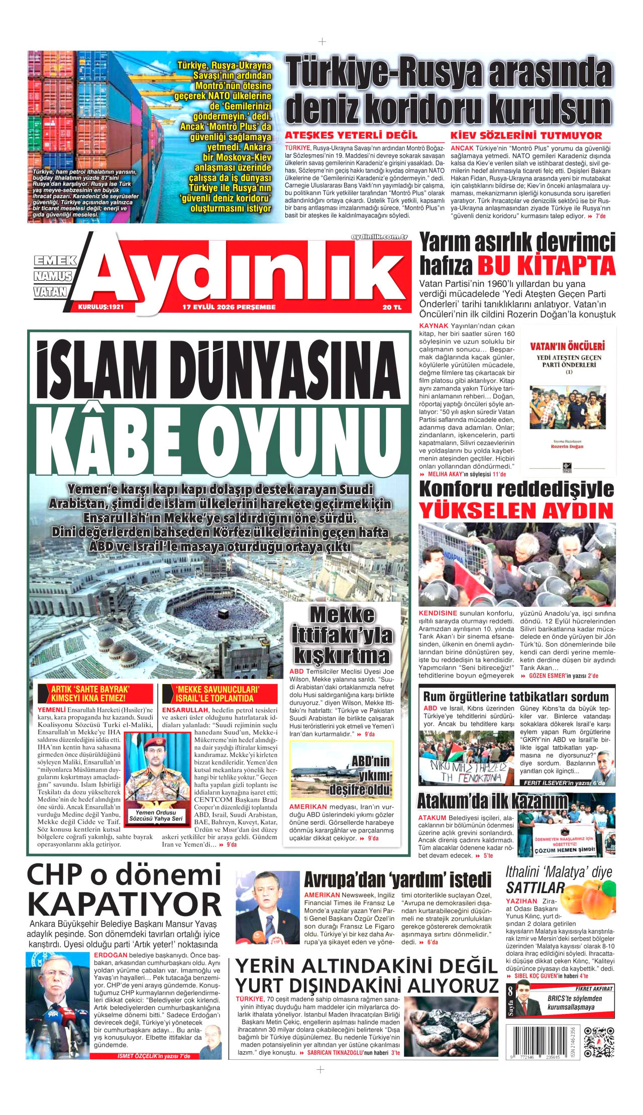 AYDINLIK GAZETESİ gazetesinin 17 Eylül 2026 tarihli birinci sayfası