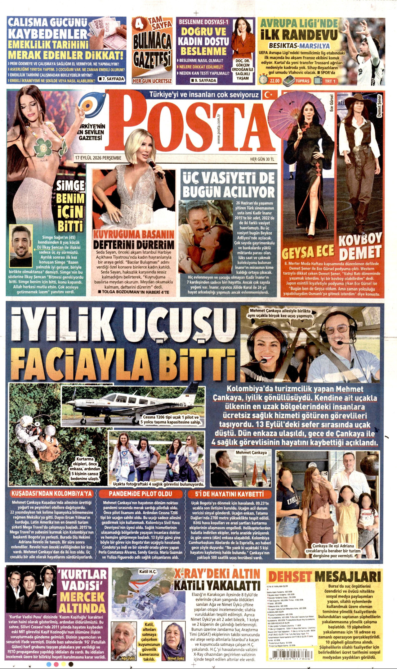 POSTA gazetesinin 17 Eylül 2026 tarihli birinci sayfası