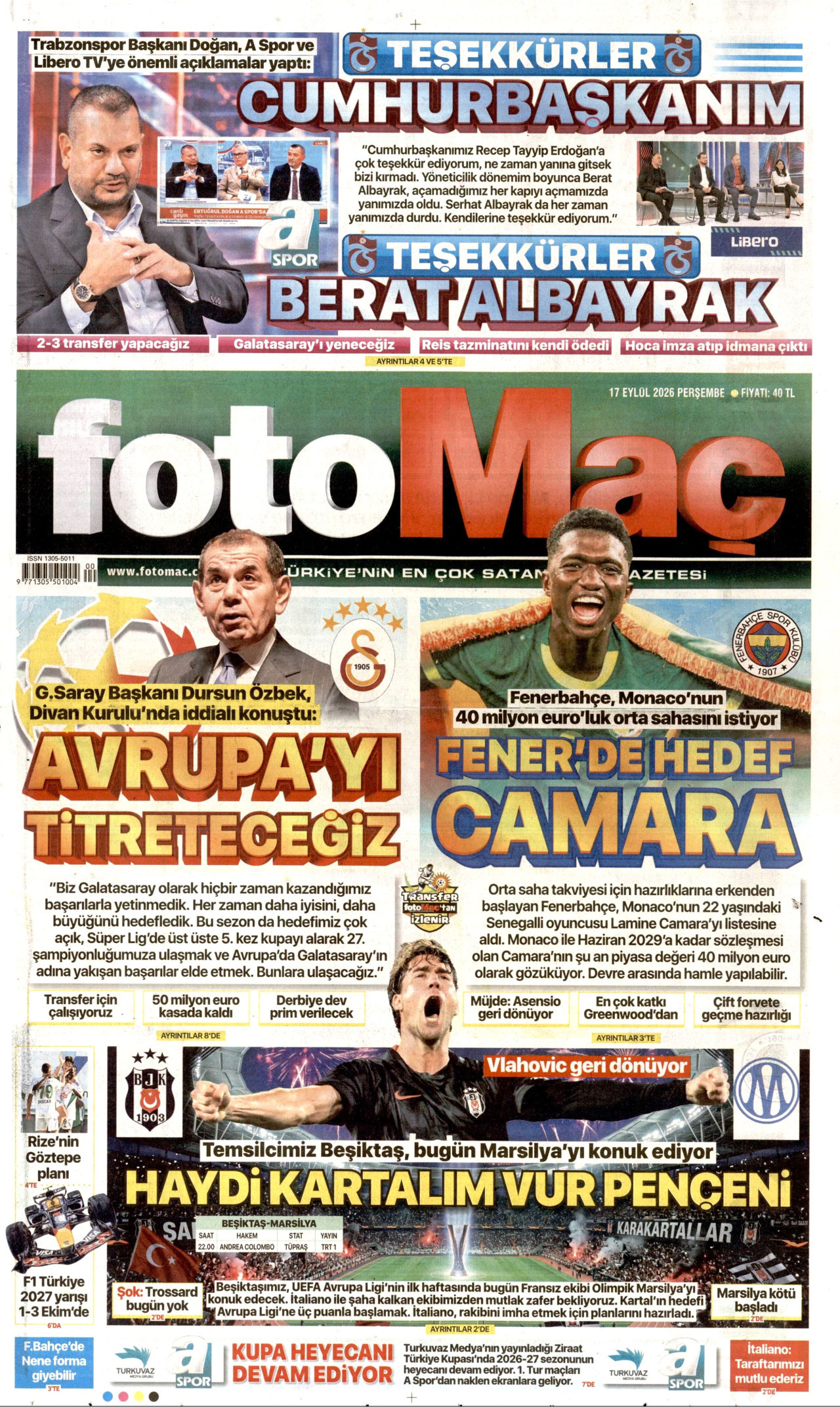 FOTOMAÇ gazetesinin 17 Eylül 2026 tarihli birinci sayfası