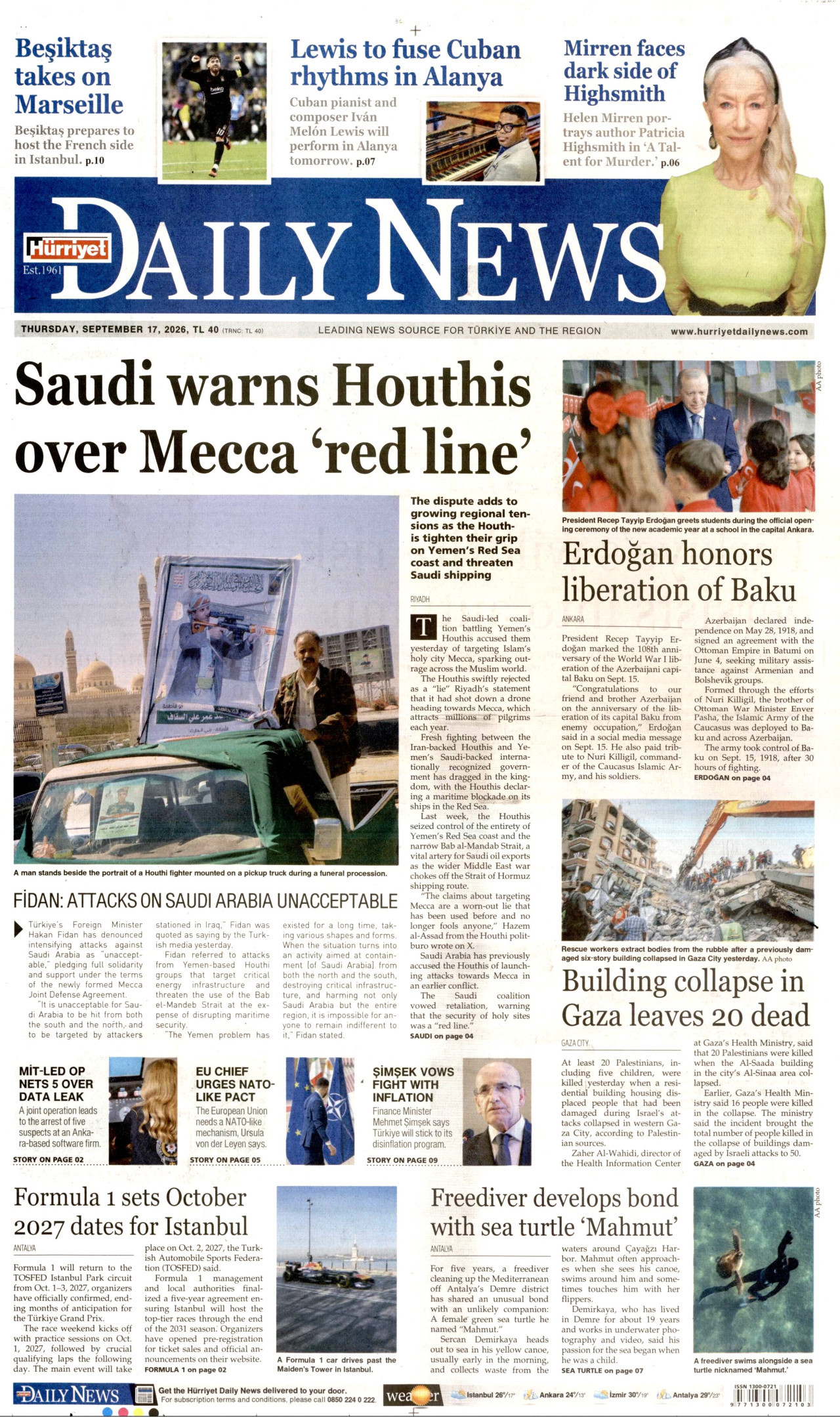 HÜRRİYET DAİLY NEWS gazetesinin 17 Eylül 2026 tarihli birinci sayfası