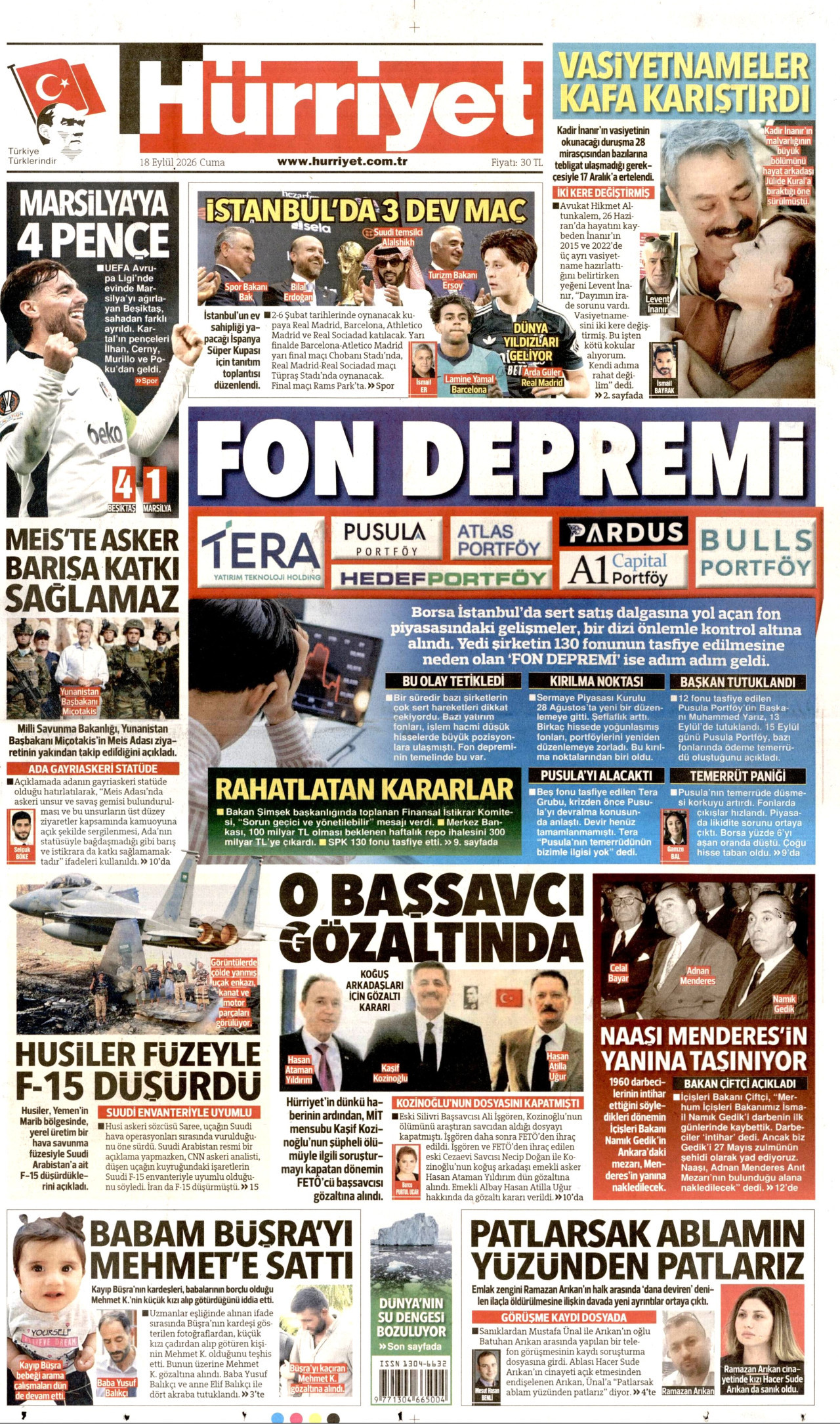 HÜRRİYET 18 Eylül 2026 Gazete Manşeti Büyük