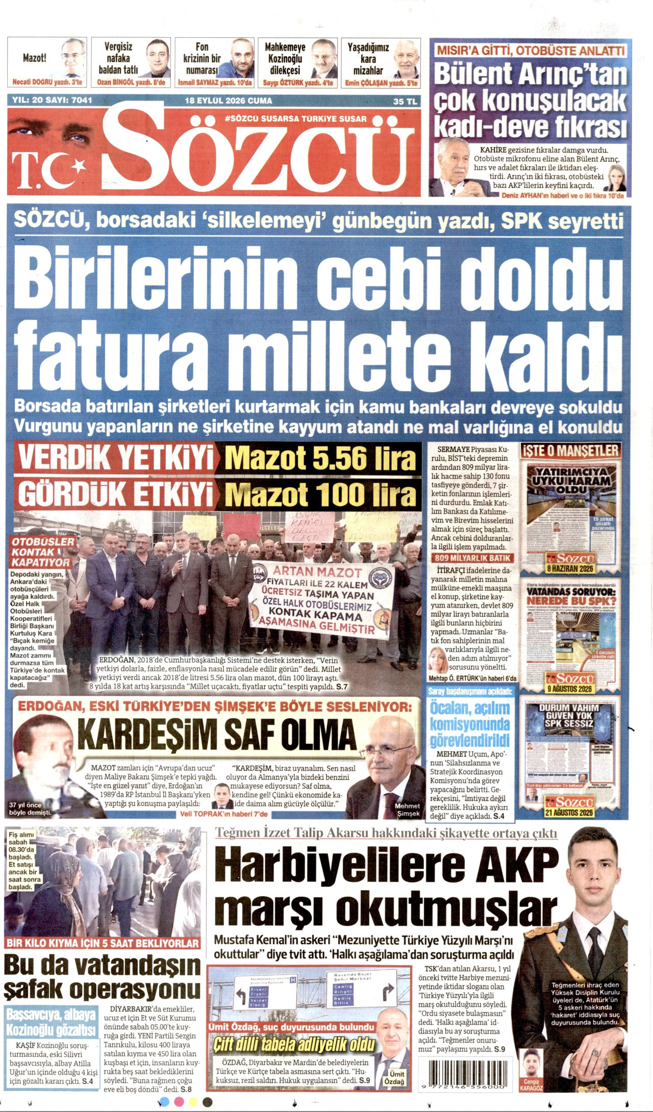 SÖZCÜ 18 Eylül 2026 Gazete Manşeti Büyük
