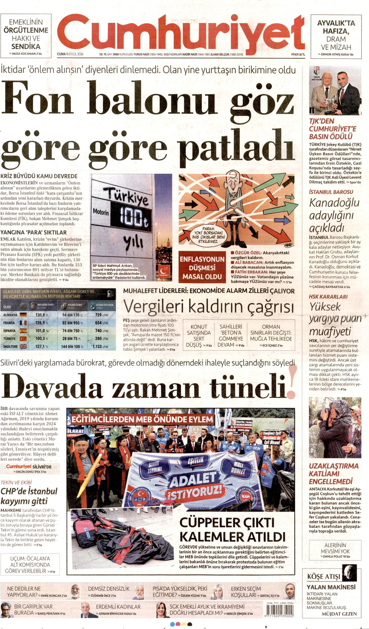 CUMHURİYET 18 Eylül 2026 Gazete Manşeti Büyük