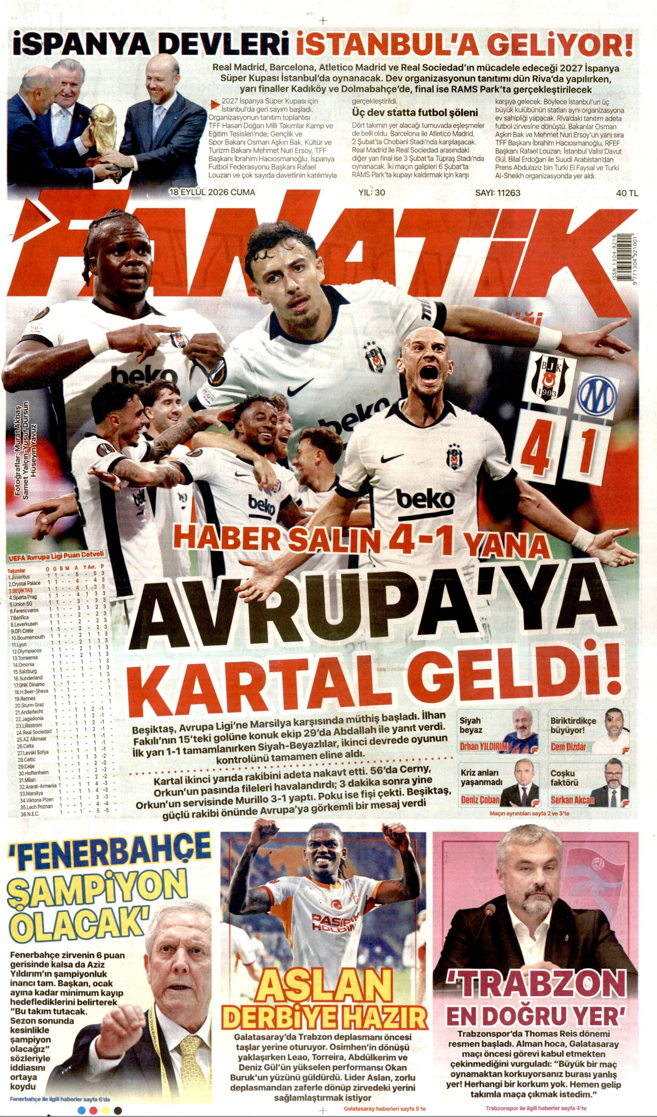 FANATİK 18 Eylül 2026 Gazete Manşeti Büyük