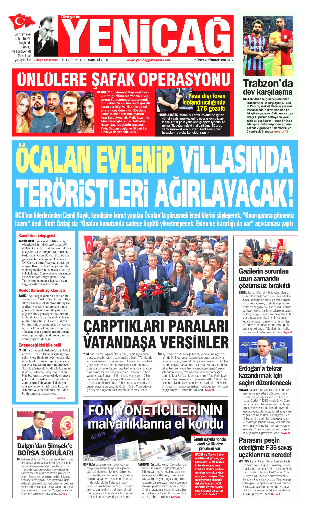 YENİÇAĞ gazetesinin 19 Eylül 2026 tarihli birinci sayfası