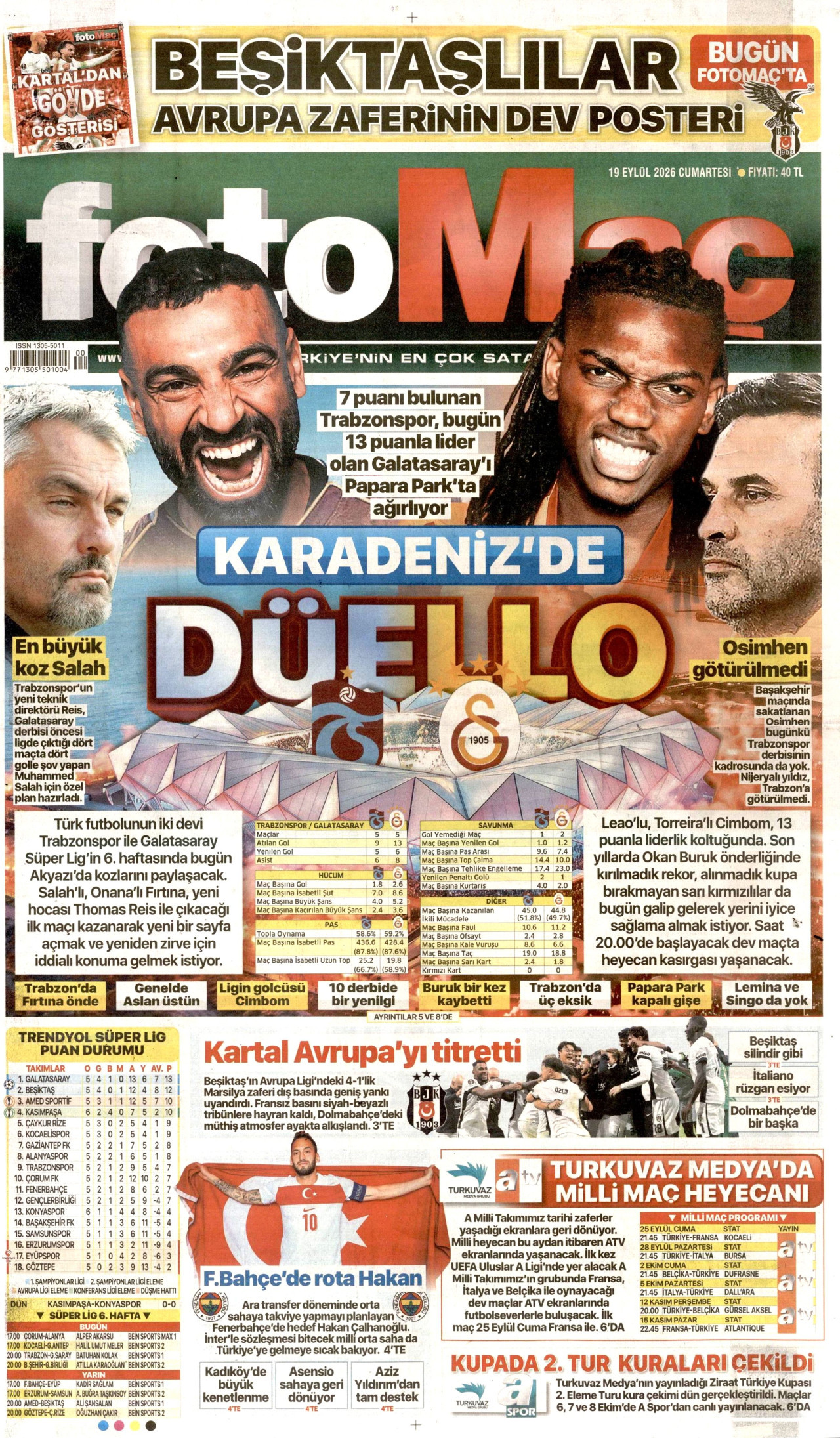 FOTOMAÇ gazetesinin 19 Eylül 2026 tarihli birinci sayfası