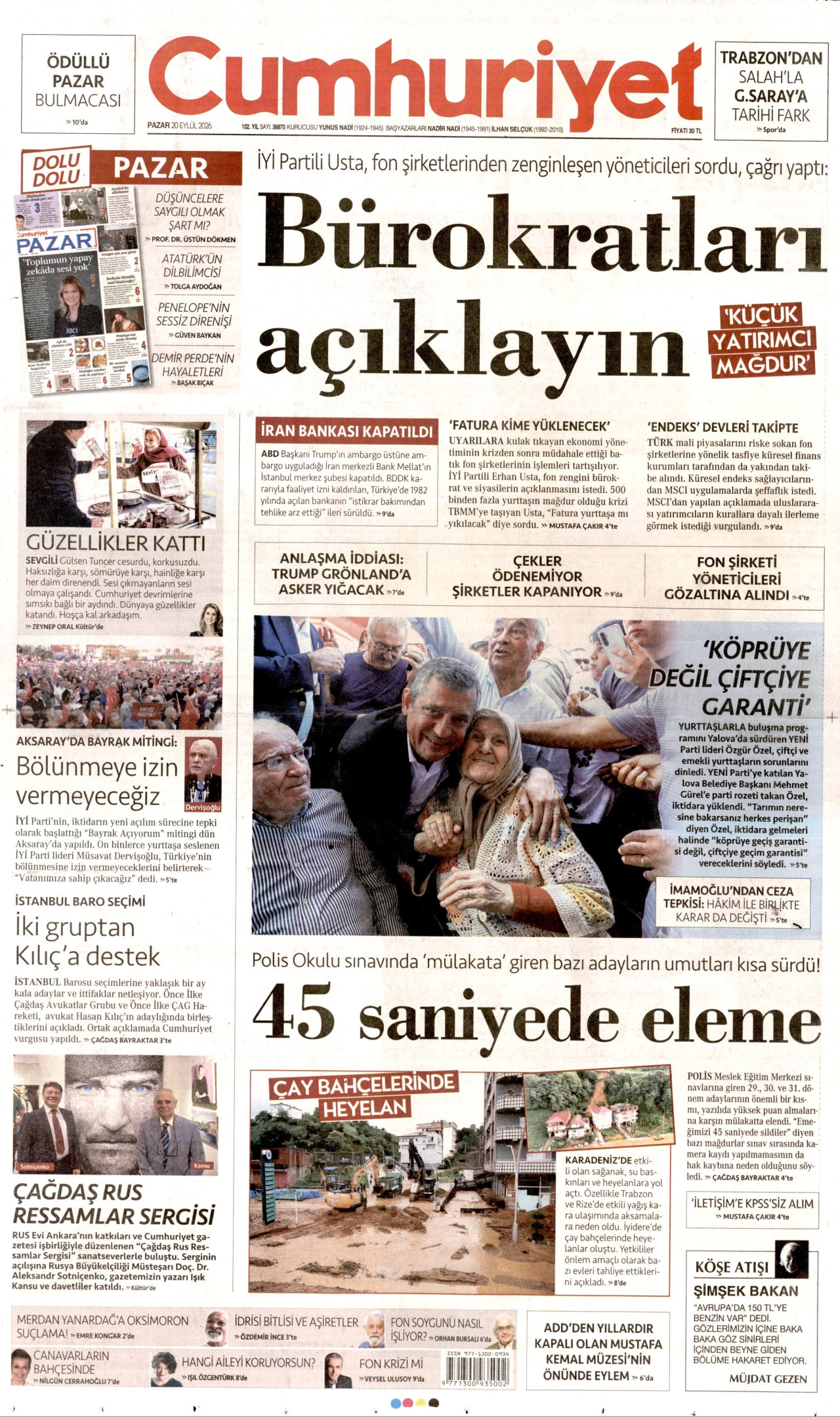 CUMHURİYET gazetesinin 20 Eylül 2026 tarihli birinci sayfası
