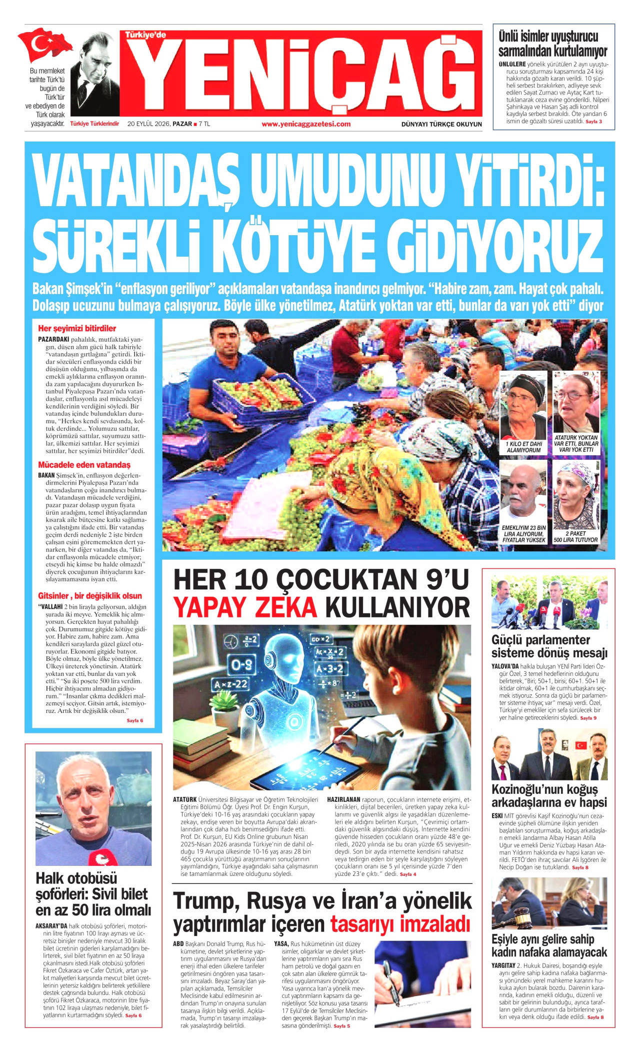 YENİÇAĞ gazetesinin 20 Eylül 2026 tarihli birinci sayfası