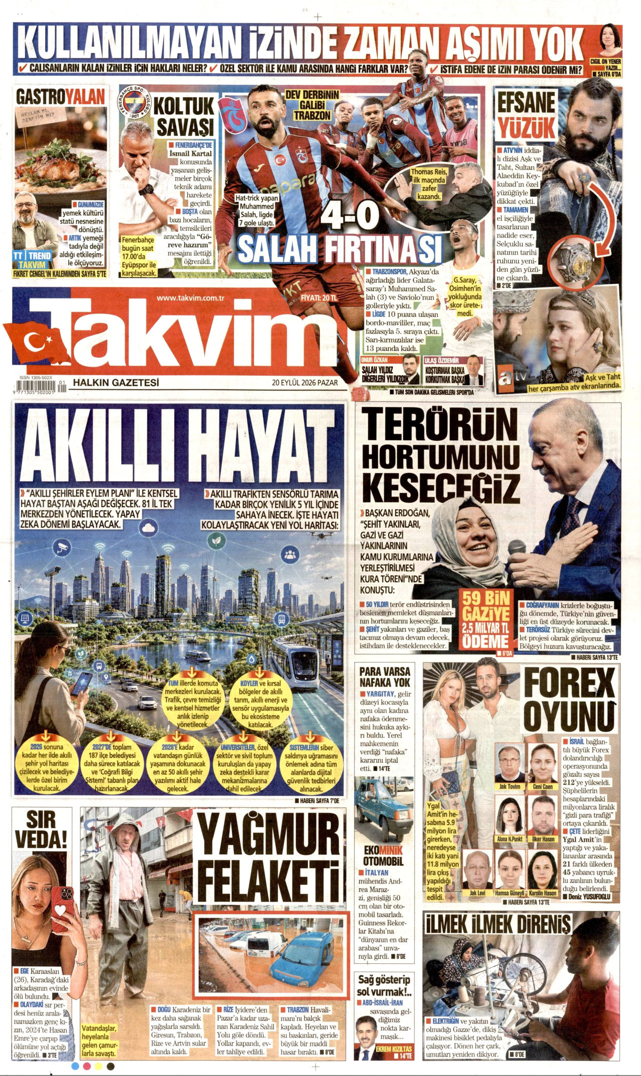 TAKVİM gazetesinin 20 Eylül 2026 tarihli birinci sayfası