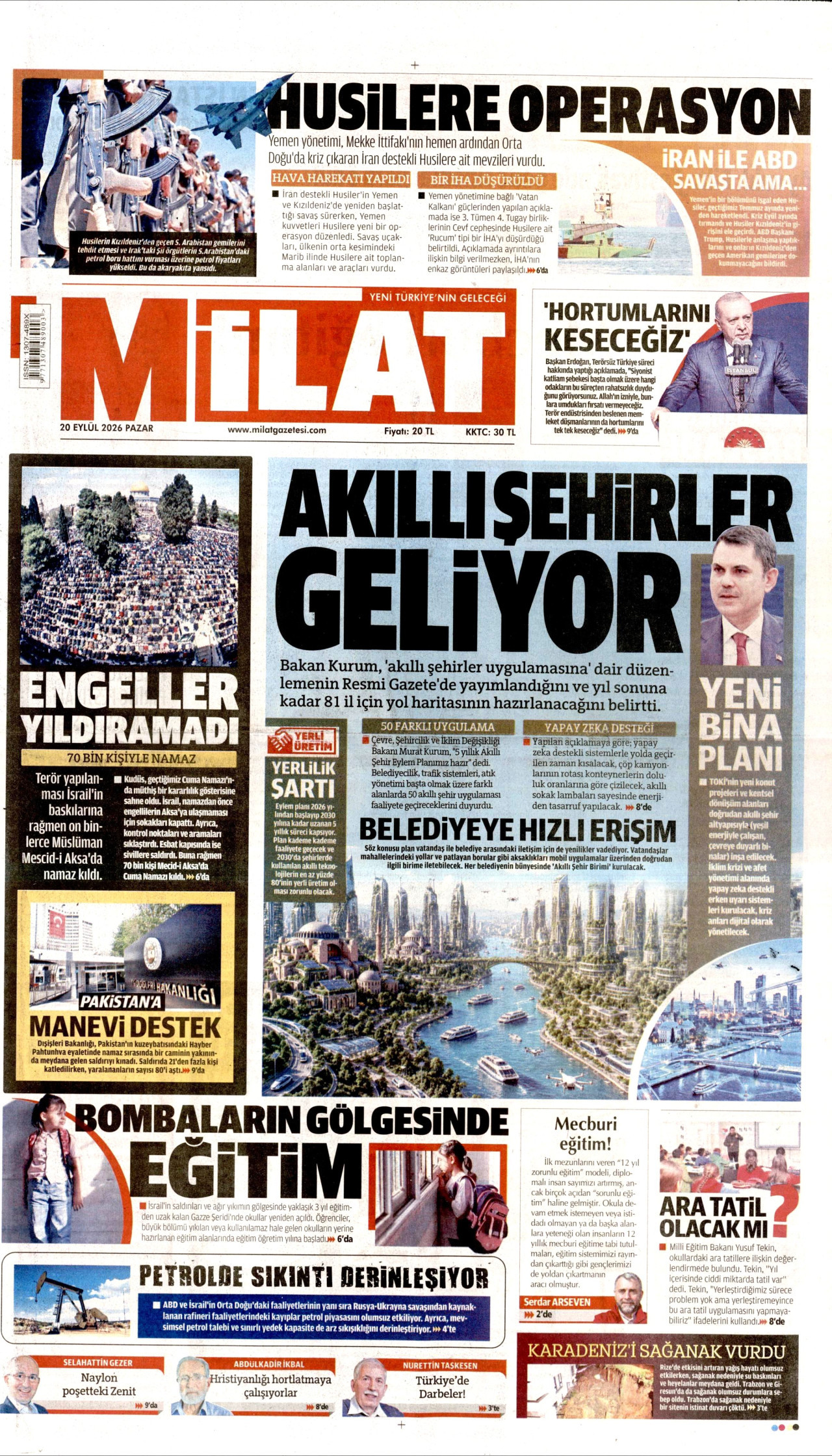 MİLAT gazetesinin 20 Eylül 2026 tarihli birinci sayfası