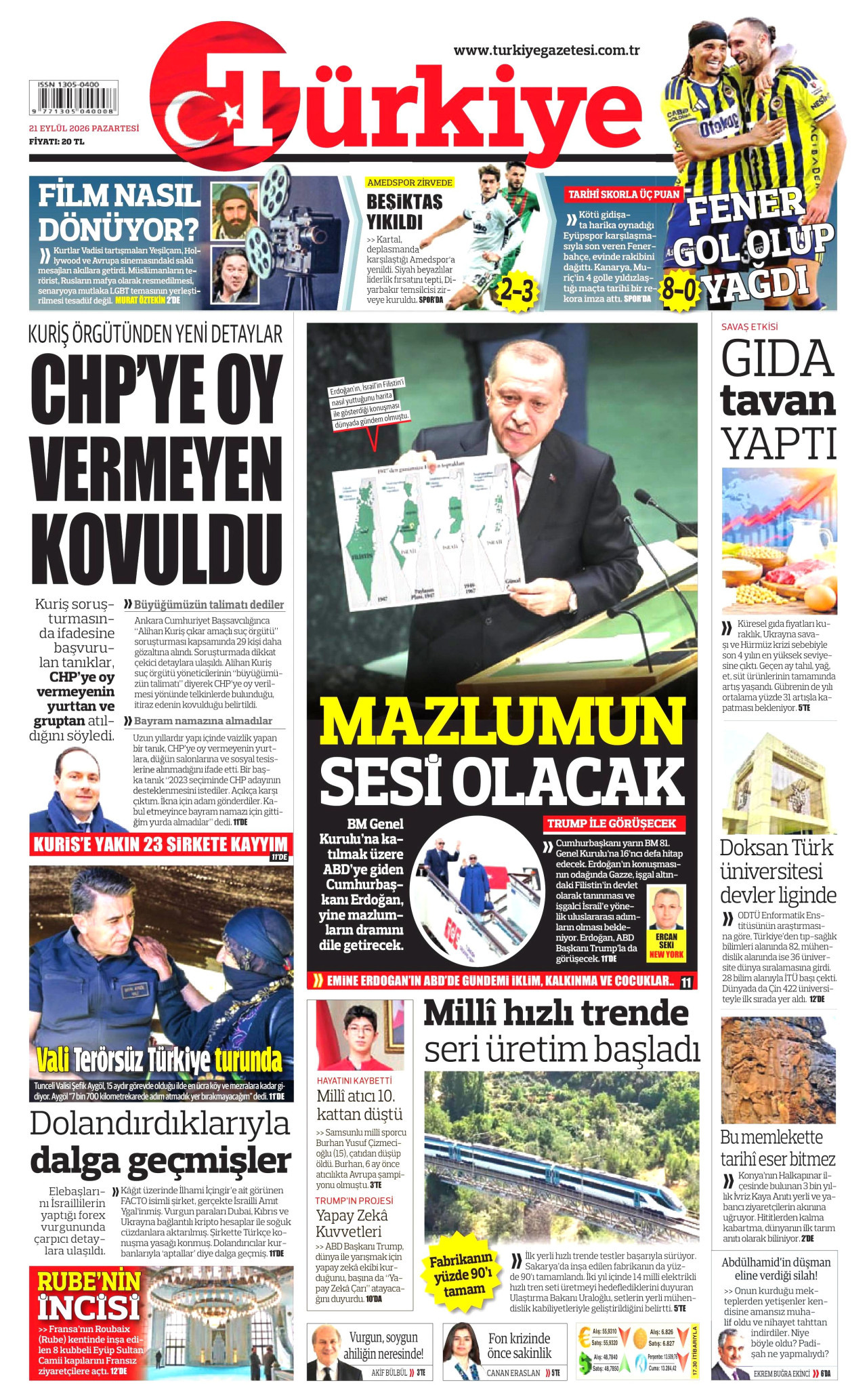 TÜRKİYE GAZETESİ gazetesinin 21 Eylül 2026 tarihli birinci sayfası