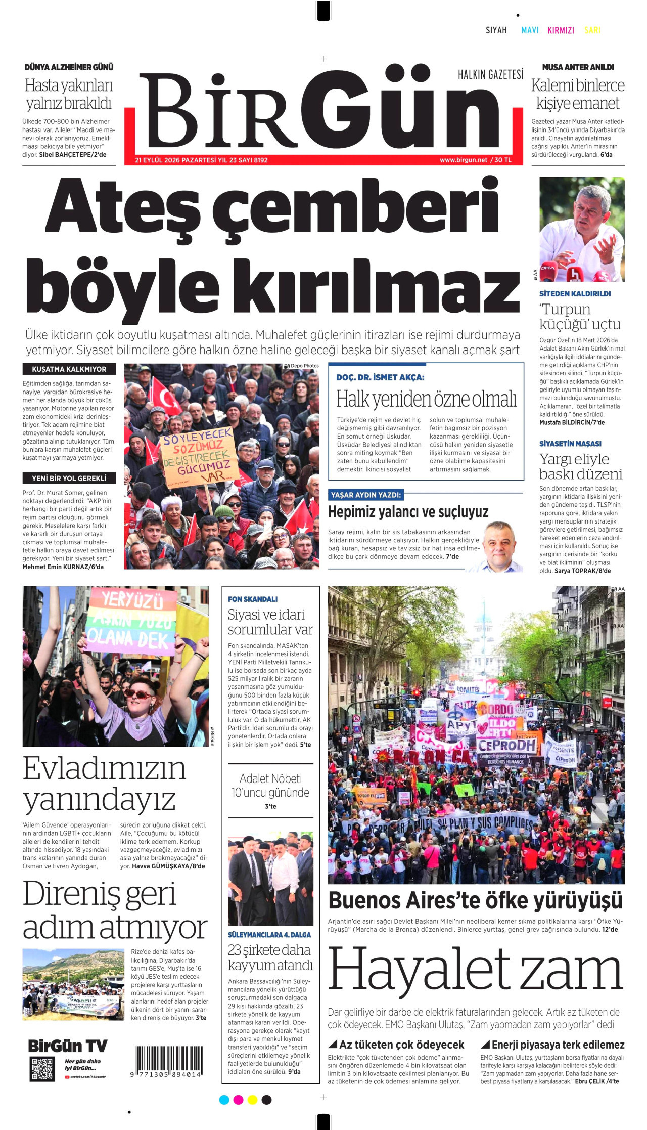 BİRGÜN gazetesinin 21 Eylül 2026 tarihli birinci sayfası