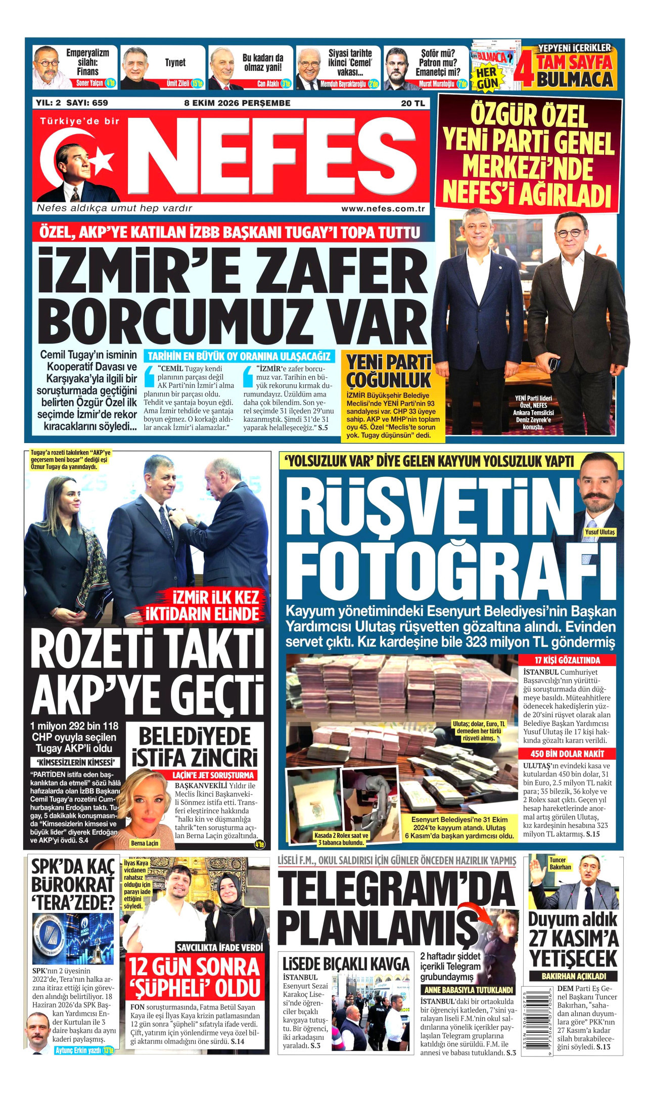 NEFES gazetesinin 8 Ekim 2026 tarihli birinci sayfası