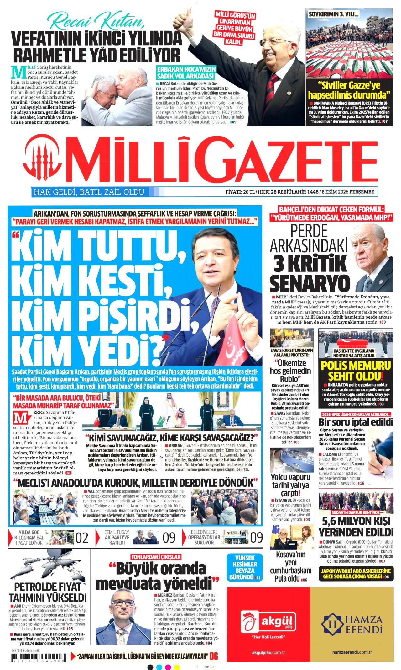 MİLLİ GAZETE gazetesinin 8 Ekim 2026 tarihli birinci sayfası