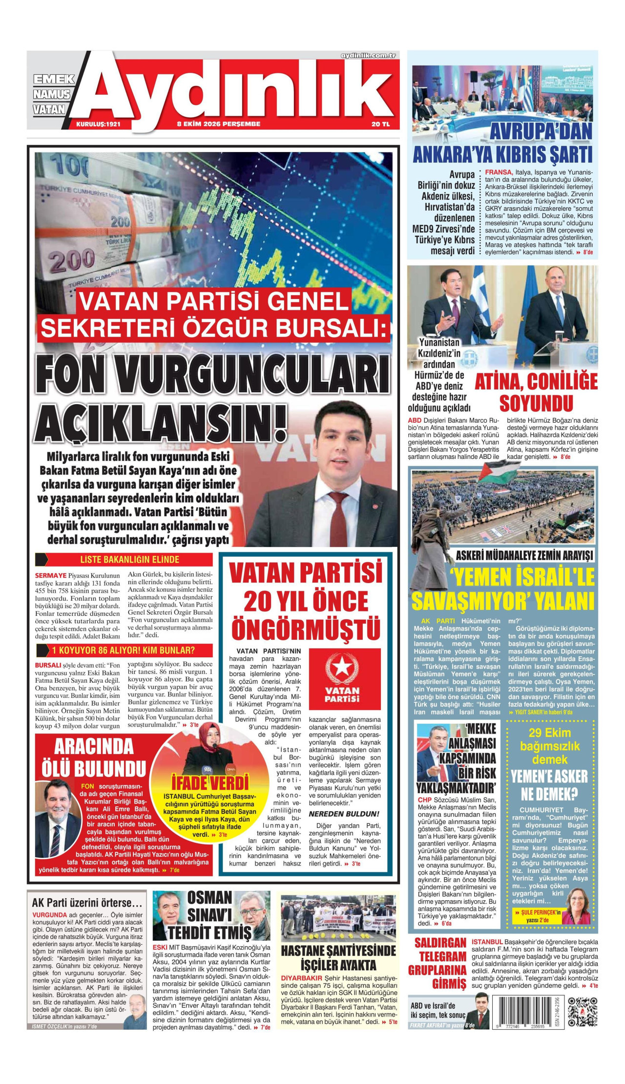 AYDINLIK GAZETESİ gazetesinin 8 Ekim 2026 tarihli birinci sayfası