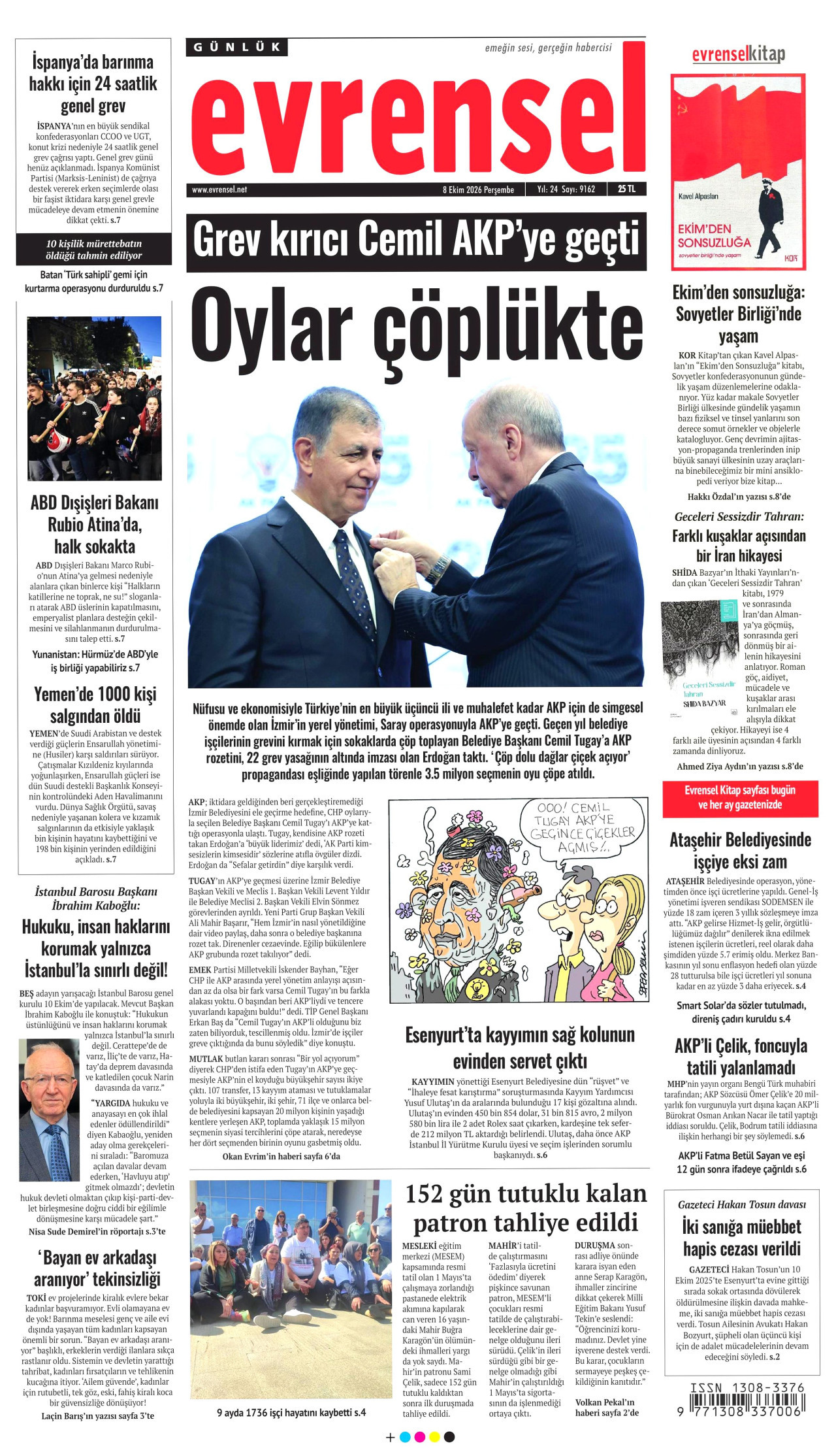 EVRENSEL gazetesinin 8 Ekim 2026 tarihli birinci sayfası